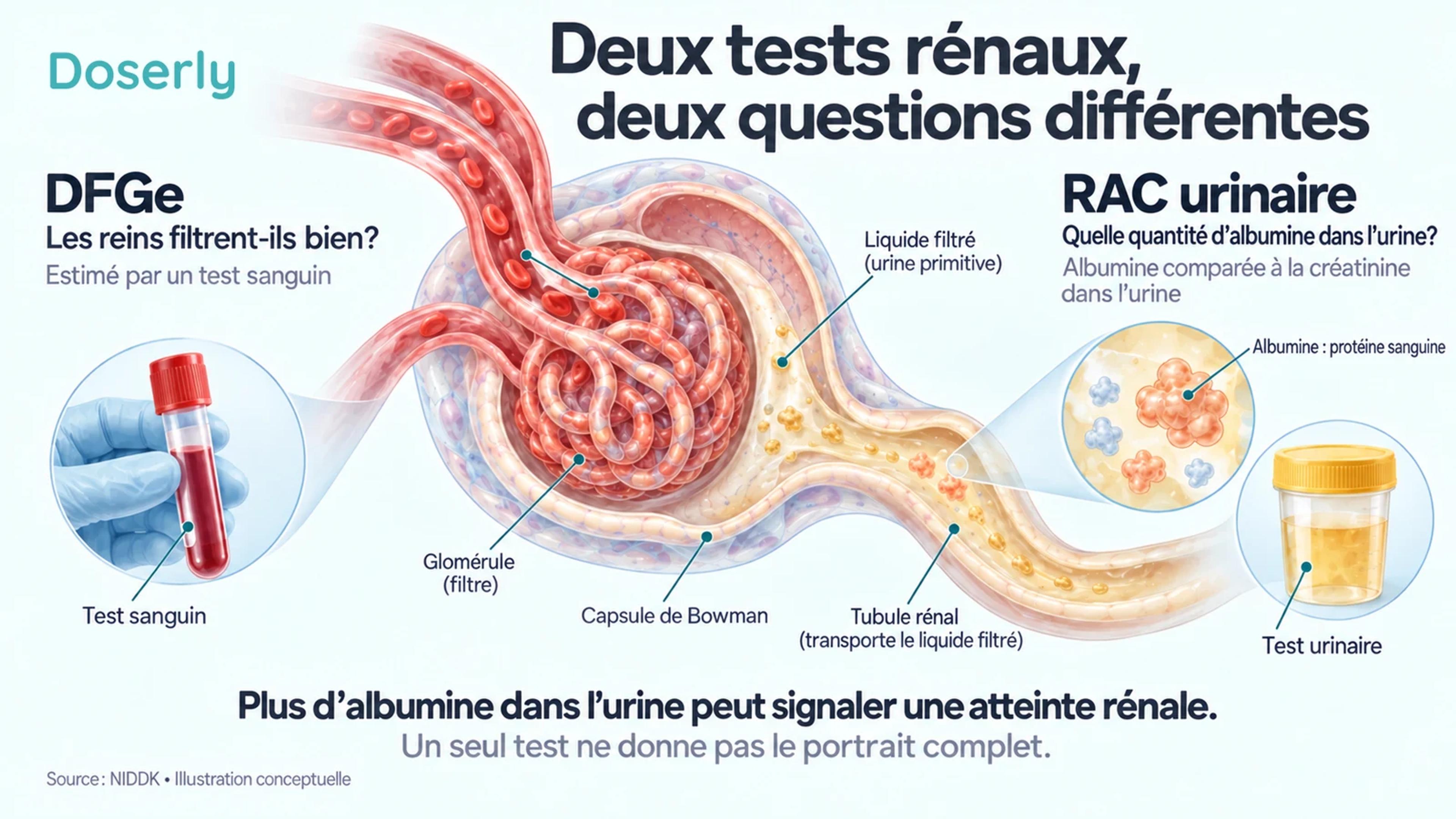 Illustration détaillée d’un filtre rénal comparant le DFGe, une estimation de la filtration à partir du sang, au RAC urinaire, une mesure de l’albumine par rapport à la créatinine dans l’urine.
