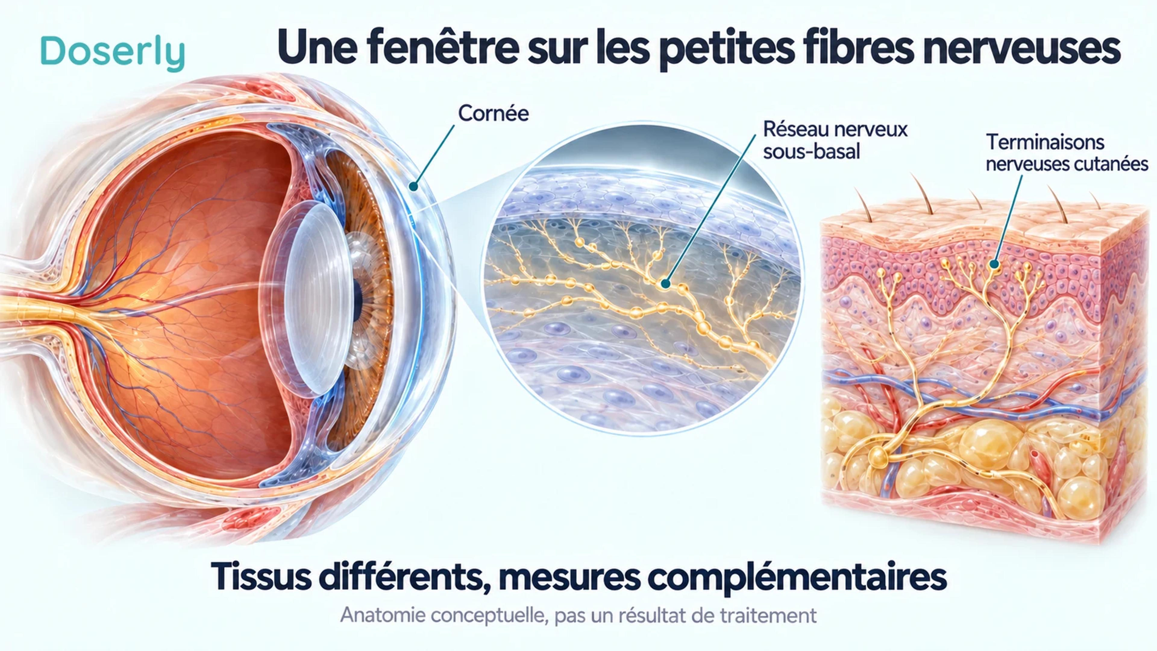 Vue en coupe d’un œil translucide avec grossissement des nerfs cornéens, à côté d’une coupe distincte de la peau montrant les terminaisons nerveuses sensitives.