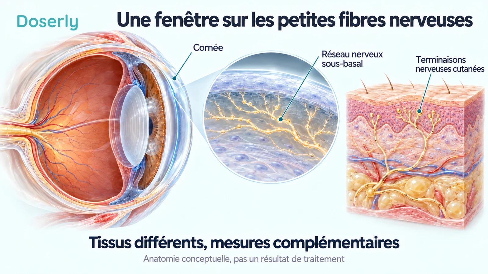 Vue en coupe d’un œil translucide avec grossissement des nerfs cornéens, à côté d’une coupe distincte de la peau montrant les terminaisons nerveuses sensitives.