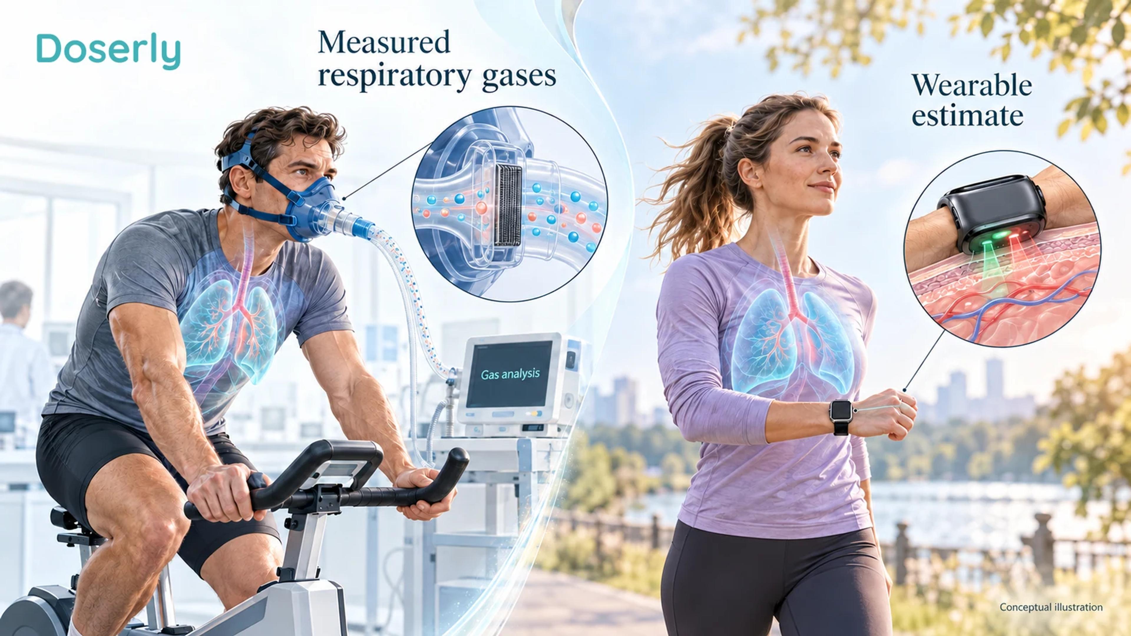 Illustrated laboratory exercise assessment beside an outdoor walker wearing a watch.
