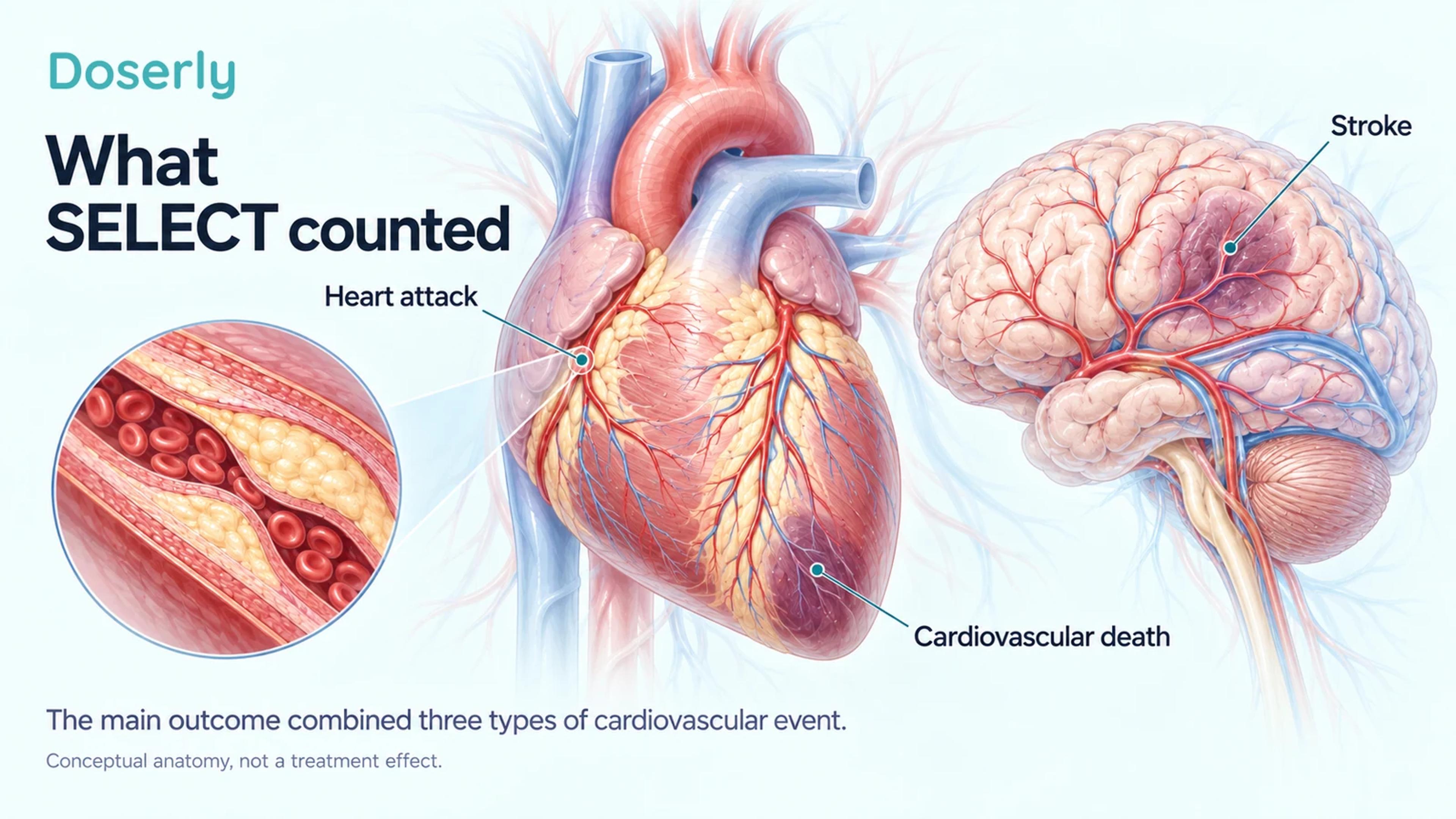 Detailed heart and brain circulation with a magnified plaque-containing artery, illustrating the cardiovascular events counted in SELECT.