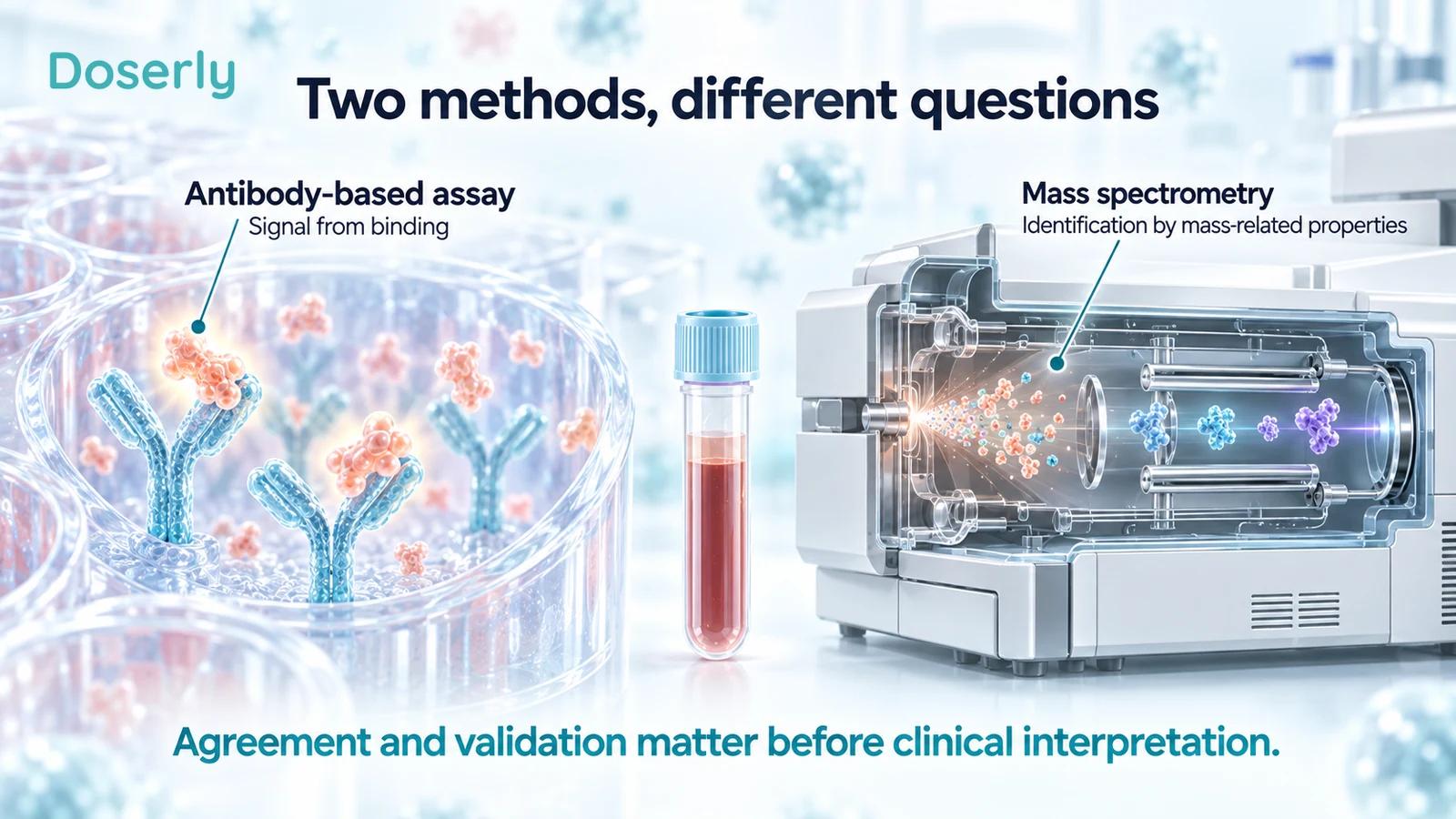 Conceptual laboratory illustration comparing an antibody assay with molecular identification by mass spectrometry.