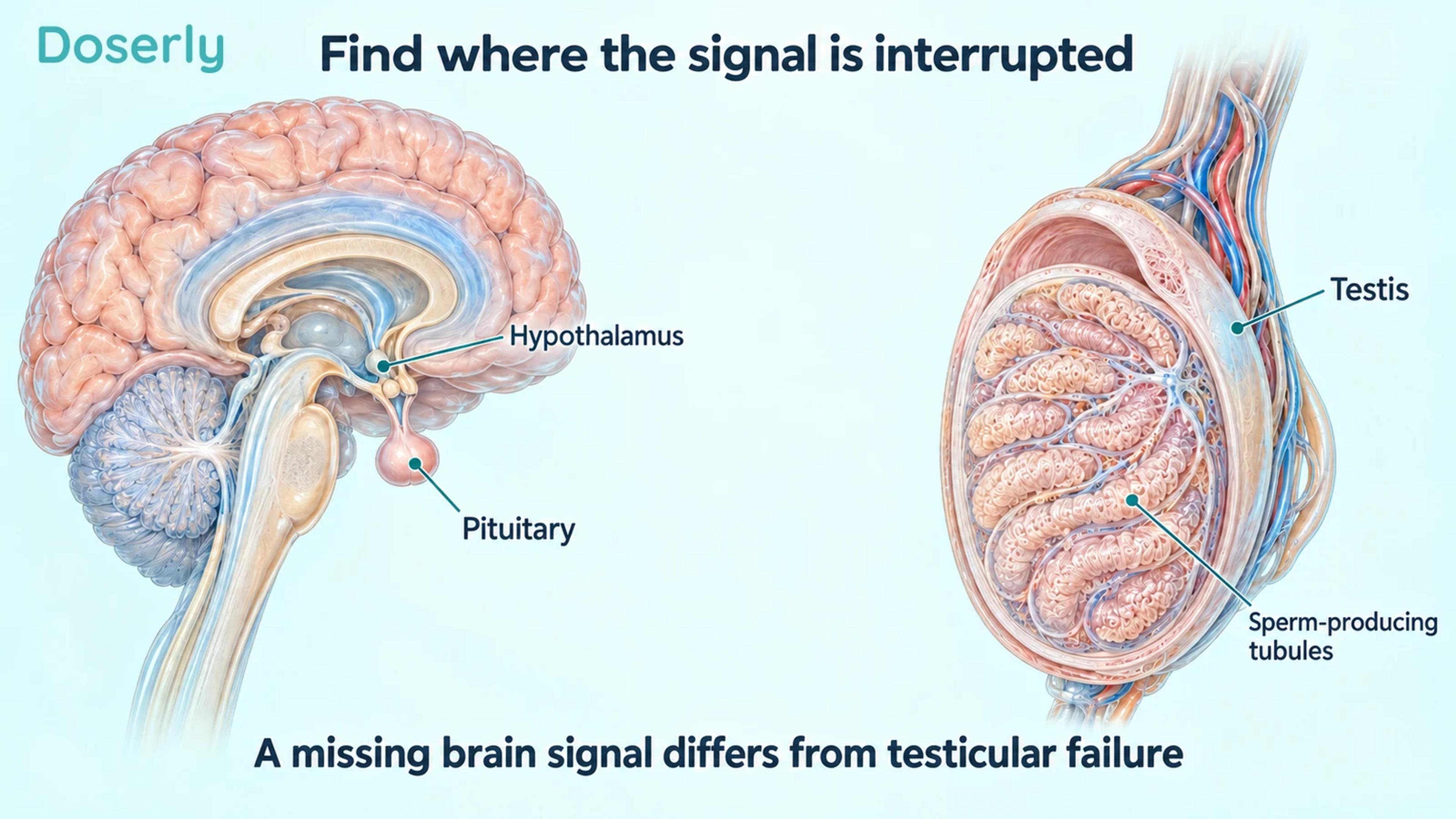 Detailed sagittal brain and testis illustrations identifying the hypothalamus, pituitary and sperm-producing tubules as different locations in reproductive signaling.