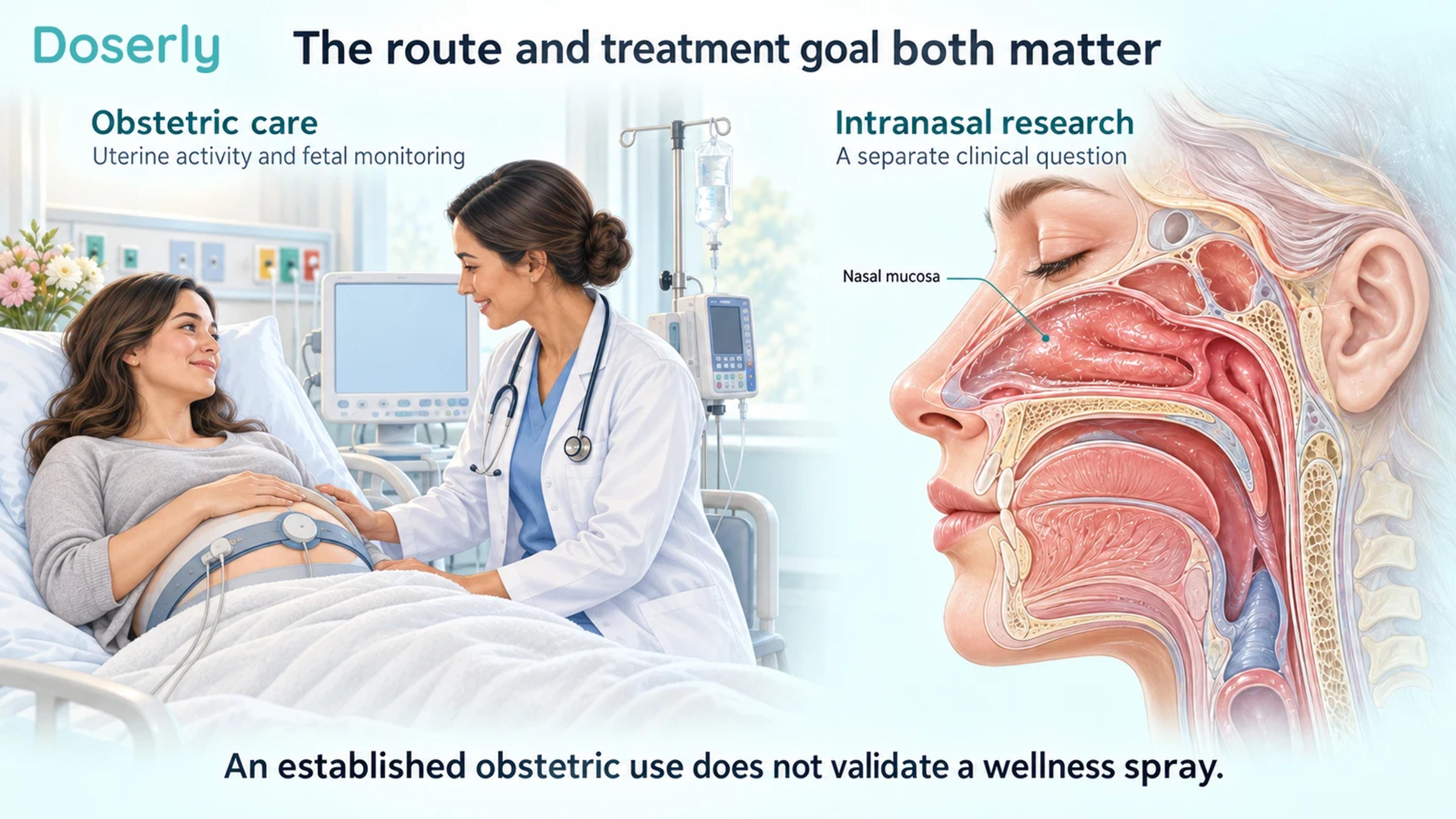 Monitored obstetric care beside a separate nasal anatomy illustration.