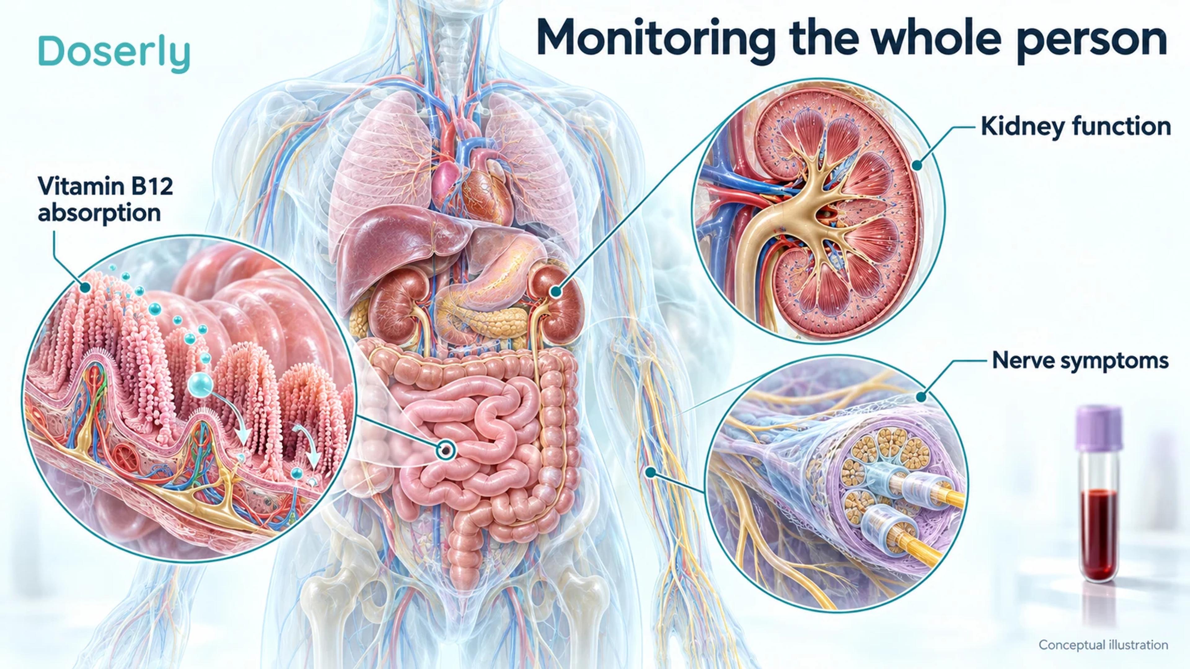 Conceptual intestine, vitamin B12 absorption, peripheral nerve and kidney illustrating monitoring considerations.
