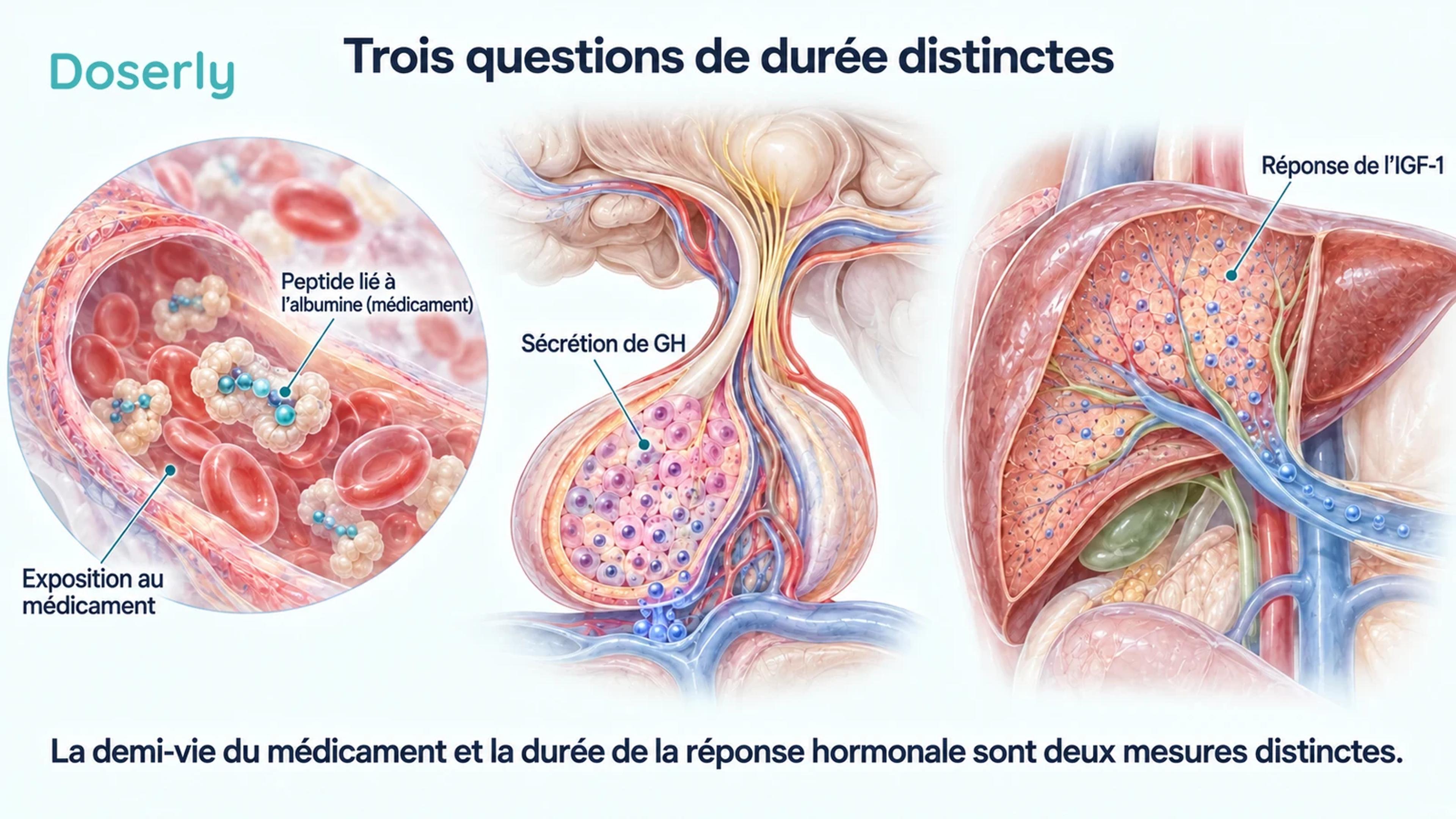 L’exposition au médicament dans les vaisseaux sanguins, la sécrétion hypophysaire de GH et la réponse hépatique de l’IGF-1 sont illustrées comme trois questions de durée distinctes.