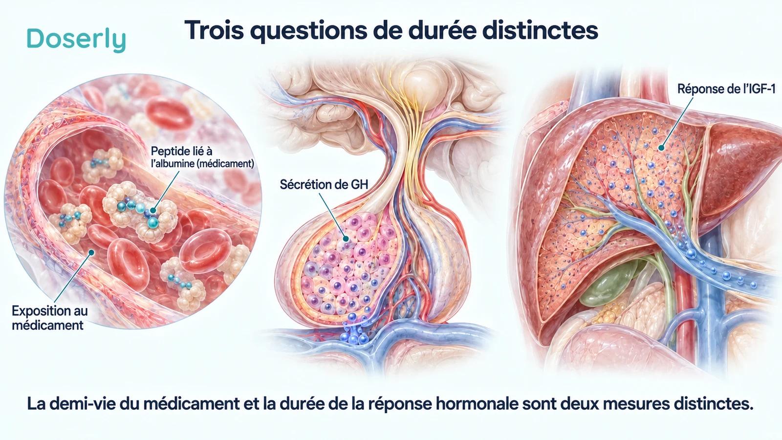 L’exposition au médicament dans les vaisseaux sanguins, la sécrétion hypophysaire de GH et la réponse hépatique de l’IGF-1 sont illustrées comme trois questions de durée distinctes.