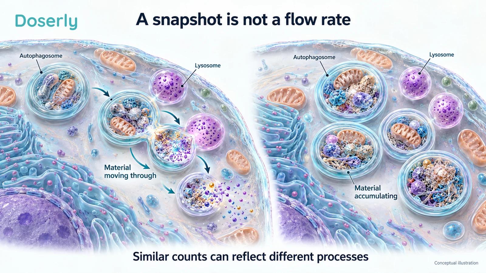 Two conceptual cells show material moving through lysosomal processing versus accumulating in vesicles