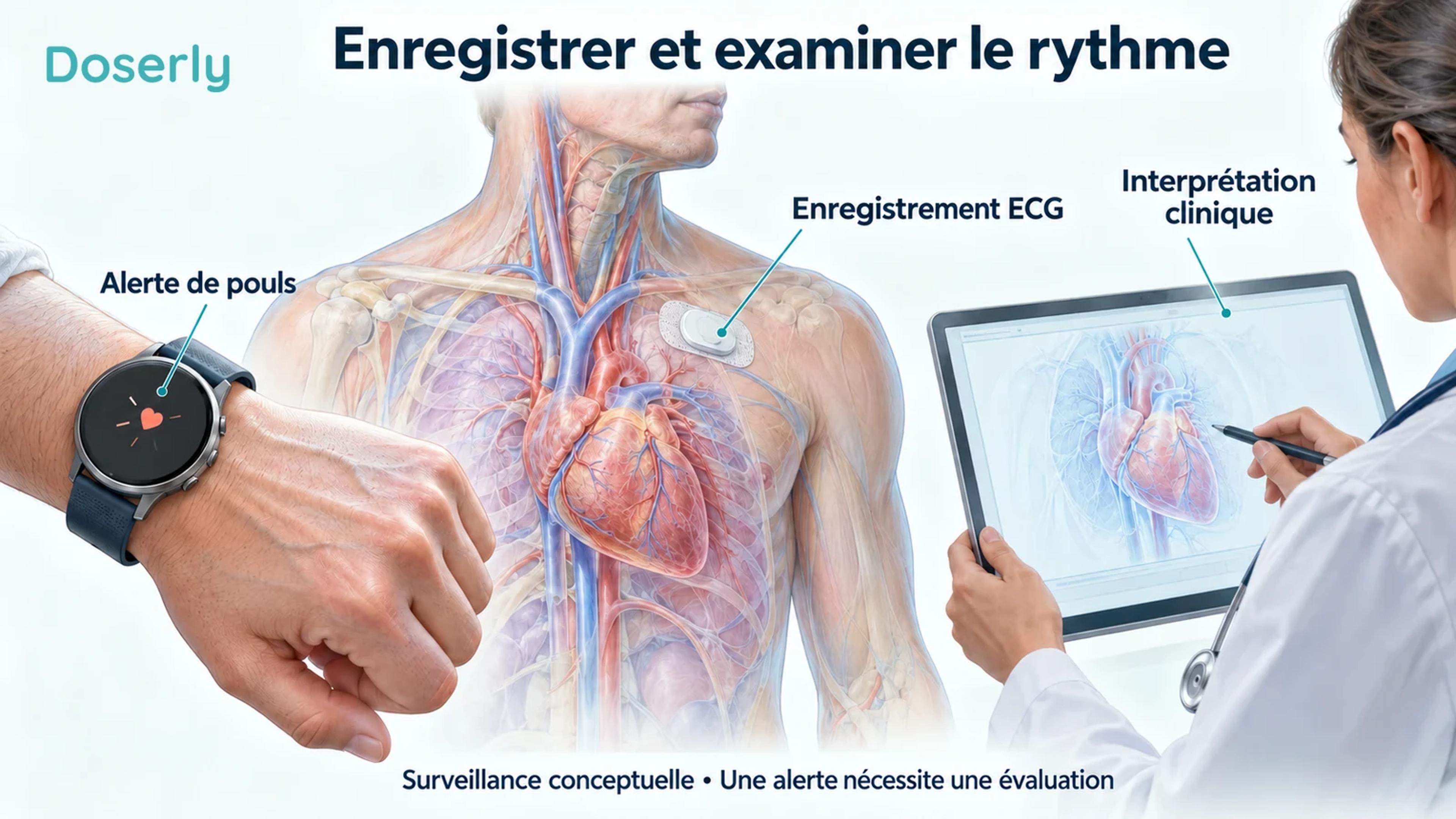 Une montre connectée, un timbre d’ECG ambulatoire et un clinicien près d’un moniteur illustrent l’évaluation du rythme.