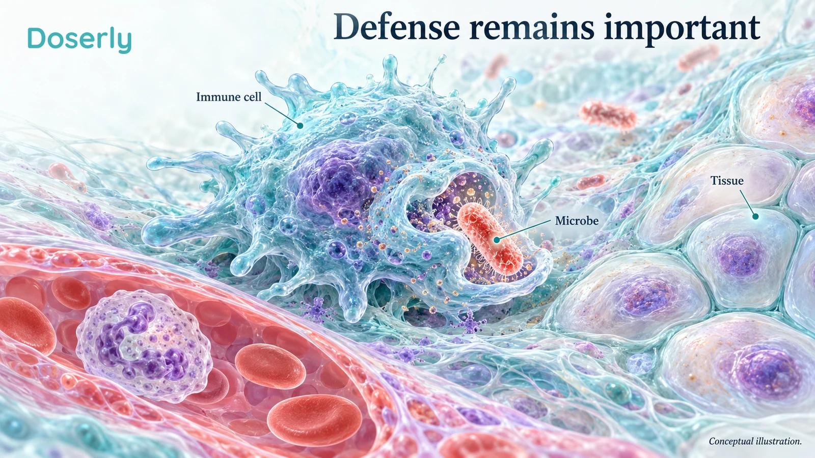 An immune cell encountering microbes illustrates the protective role of immune responses.