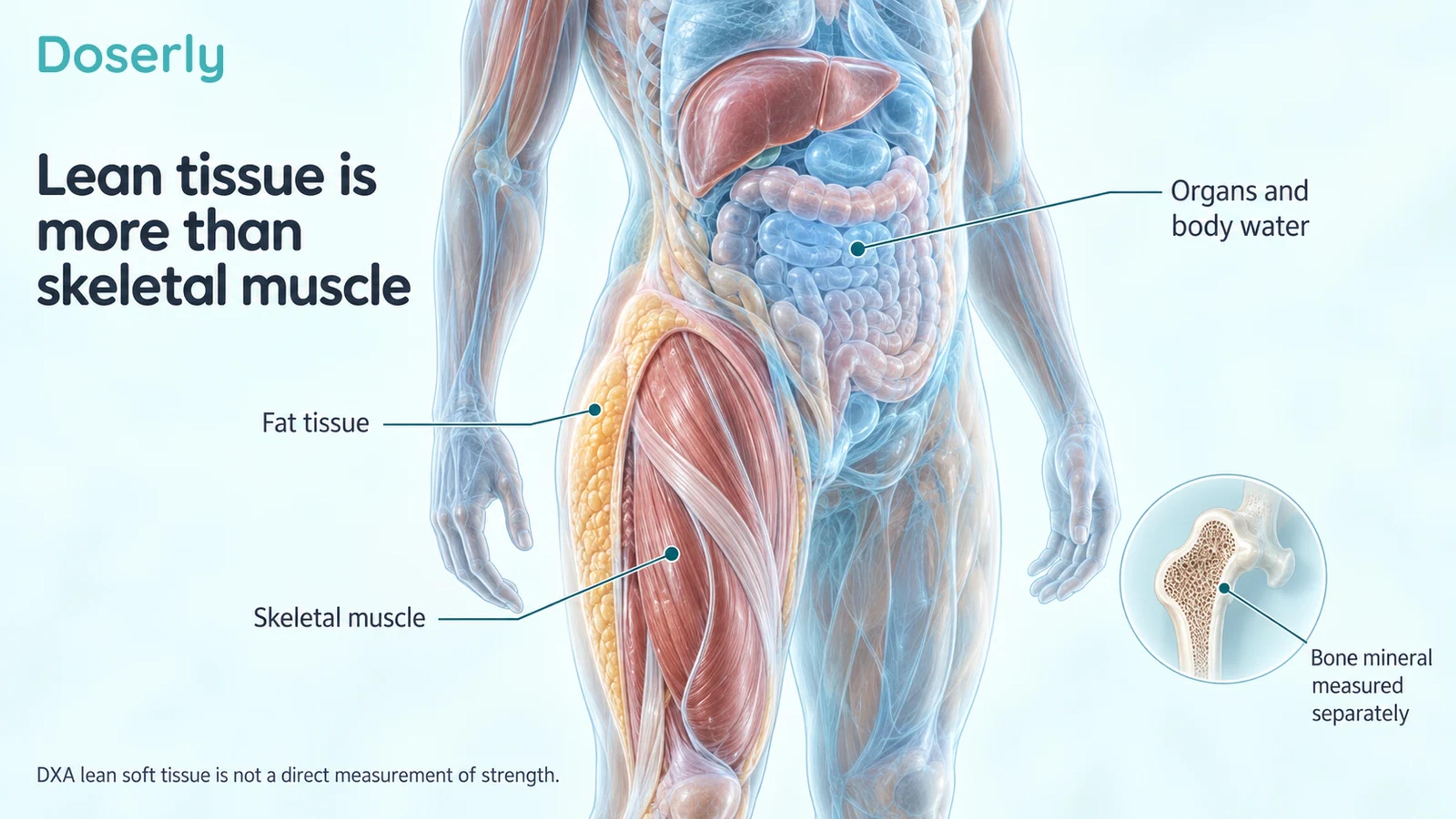 A translucent torso and thigh distinguish fat, skeletal muscle, organs and body water, with bone mineral shown separately.
