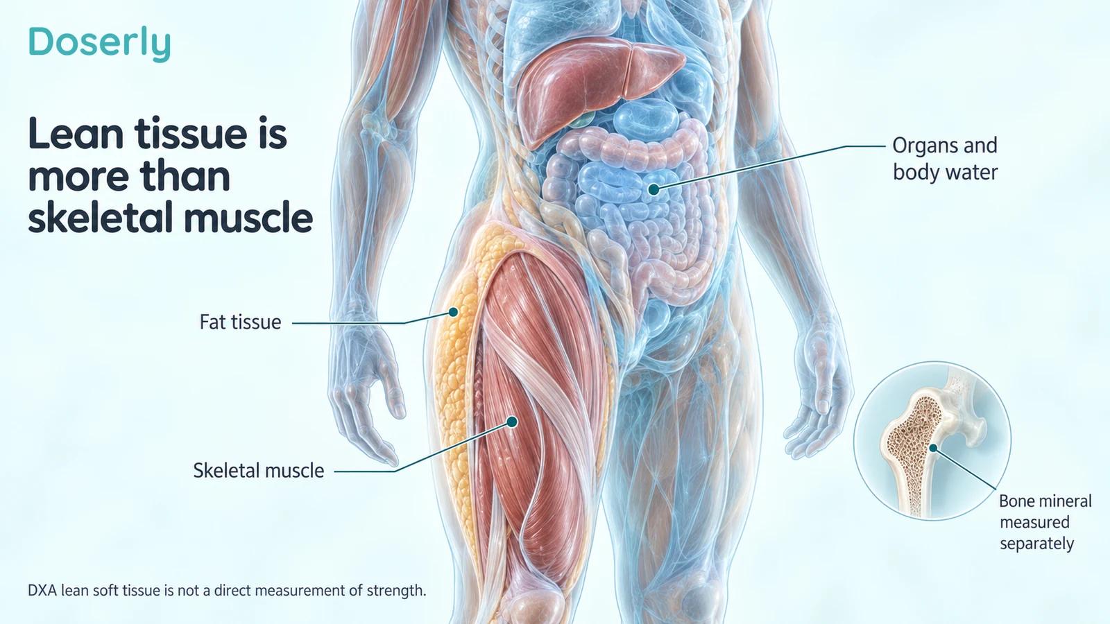 A translucent torso and thigh distinguish fat, skeletal muscle, organs and body water, with bone mineral shown separately.