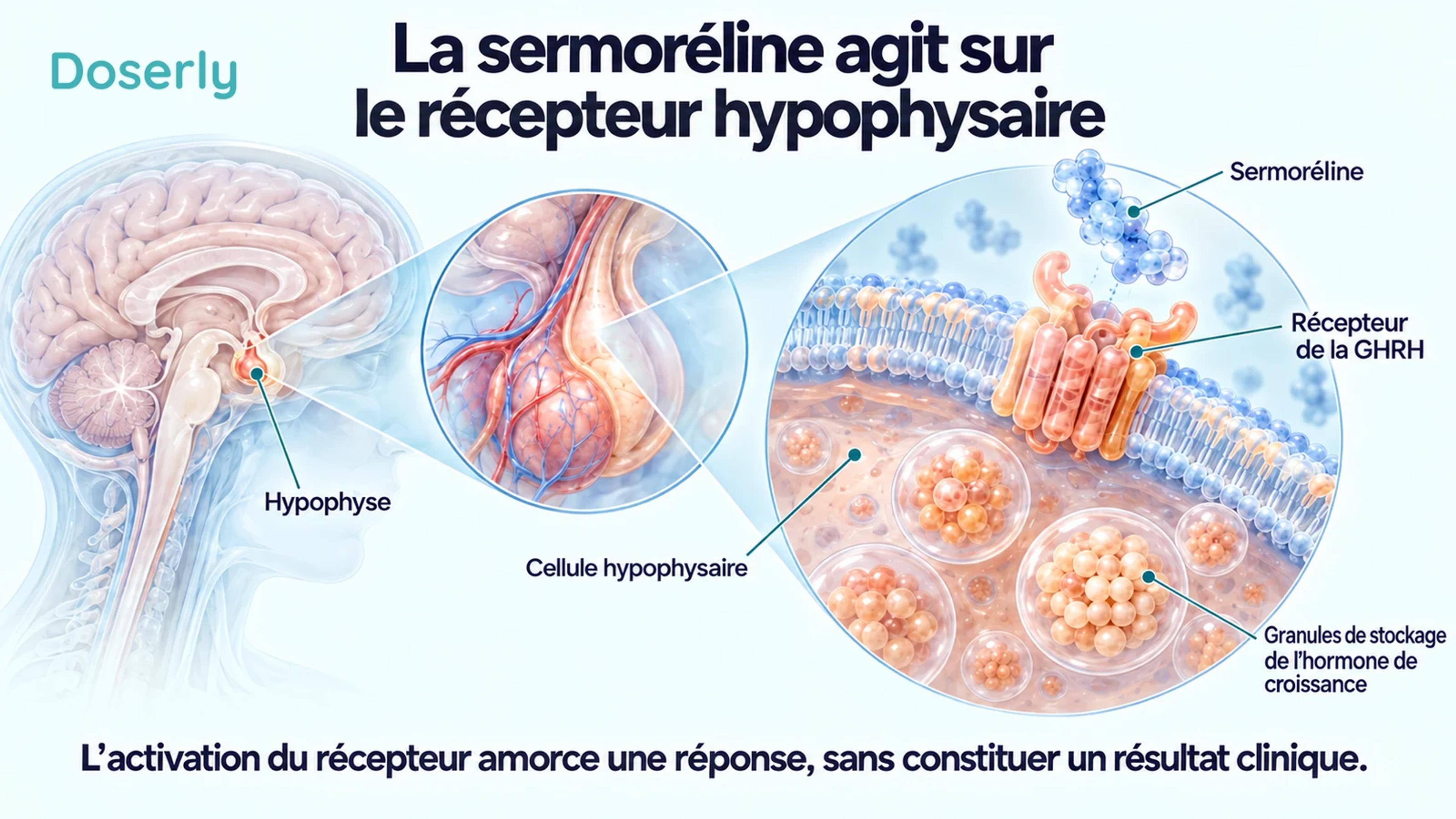 Illustration détaillée de la membrane d’une cellule hypophysaire et d’un récepteur, avec un petit encadré du cerveau situant l’hypophyse.