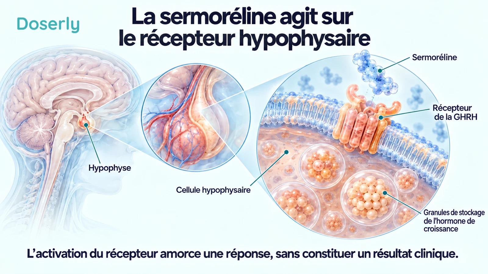 Illustration détaillée de la membrane d’une cellule hypophysaire et d’un récepteur, avec un petit encadré du cerveau situant l’hypophyse.