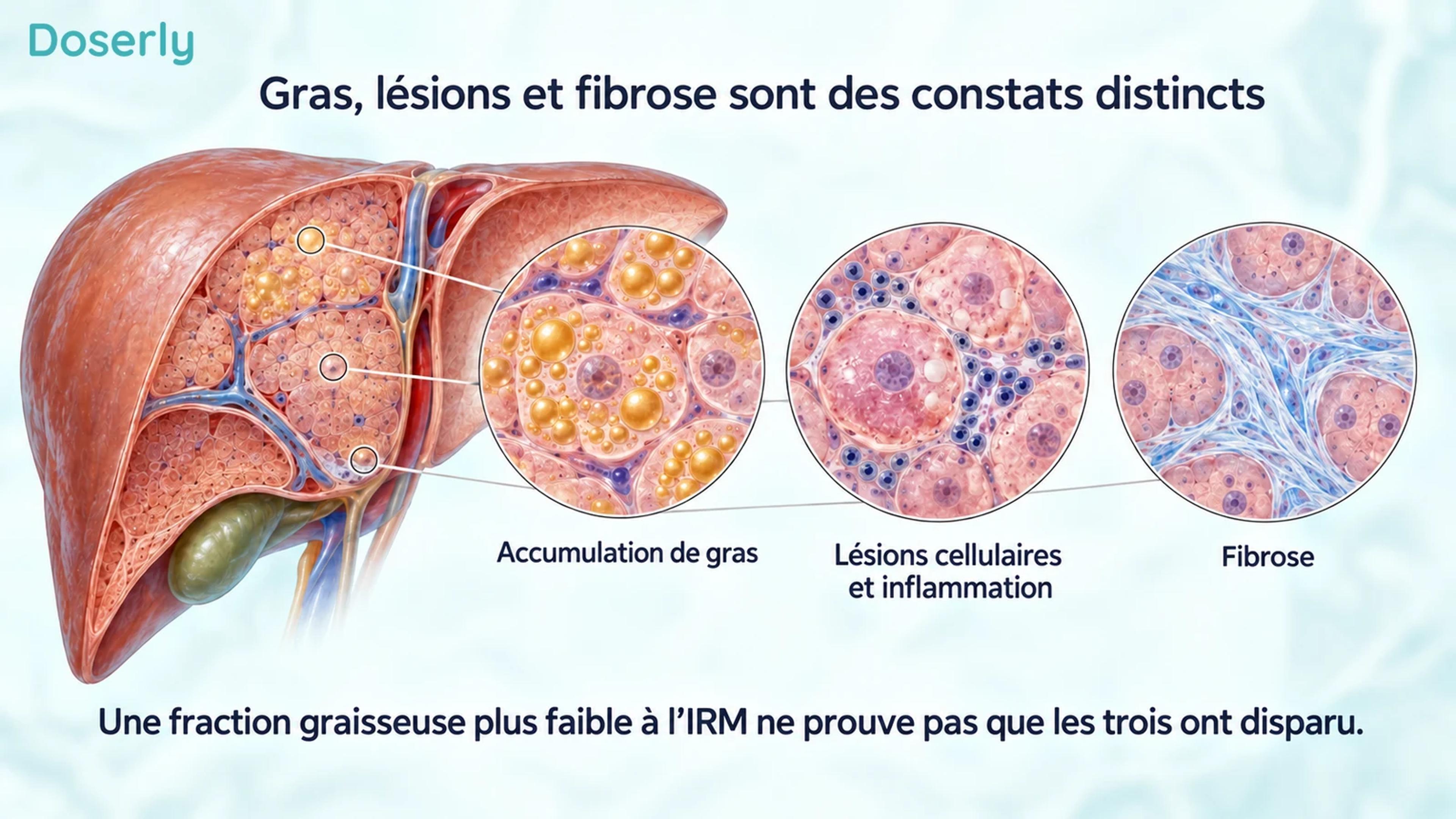 Vue en coupe du foie avec des encadrés conceptuels distincts pour l’accumulation de gras, les lésions cellulaires et l’inflammation, ainsi que la fibrose.
