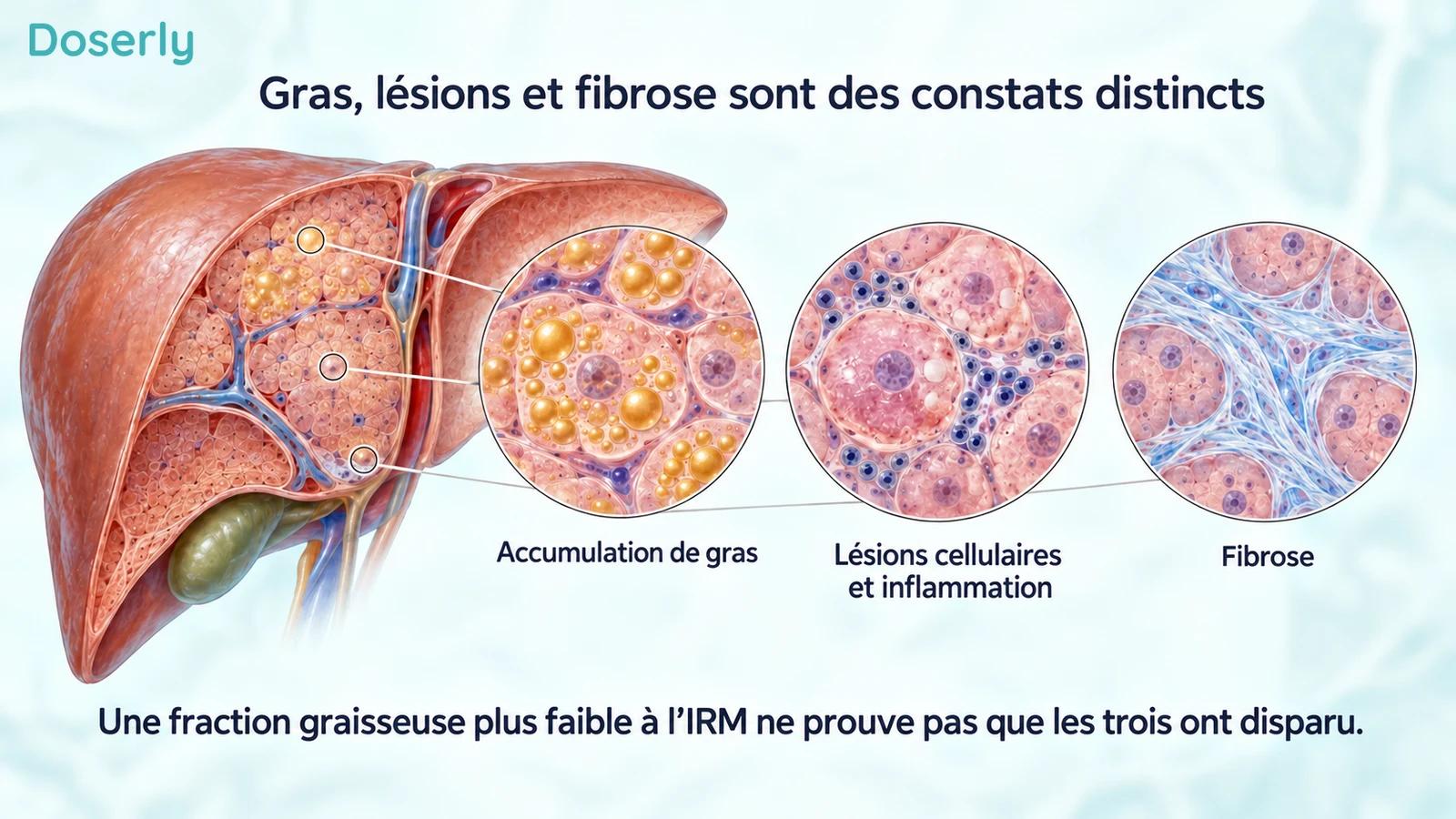 Vue en coupe du foie avec des encadrés conceptuels distincts pour l’accumulation de gras, les lésions cellulaires et l’inflammation, ainsi que la fibrose.