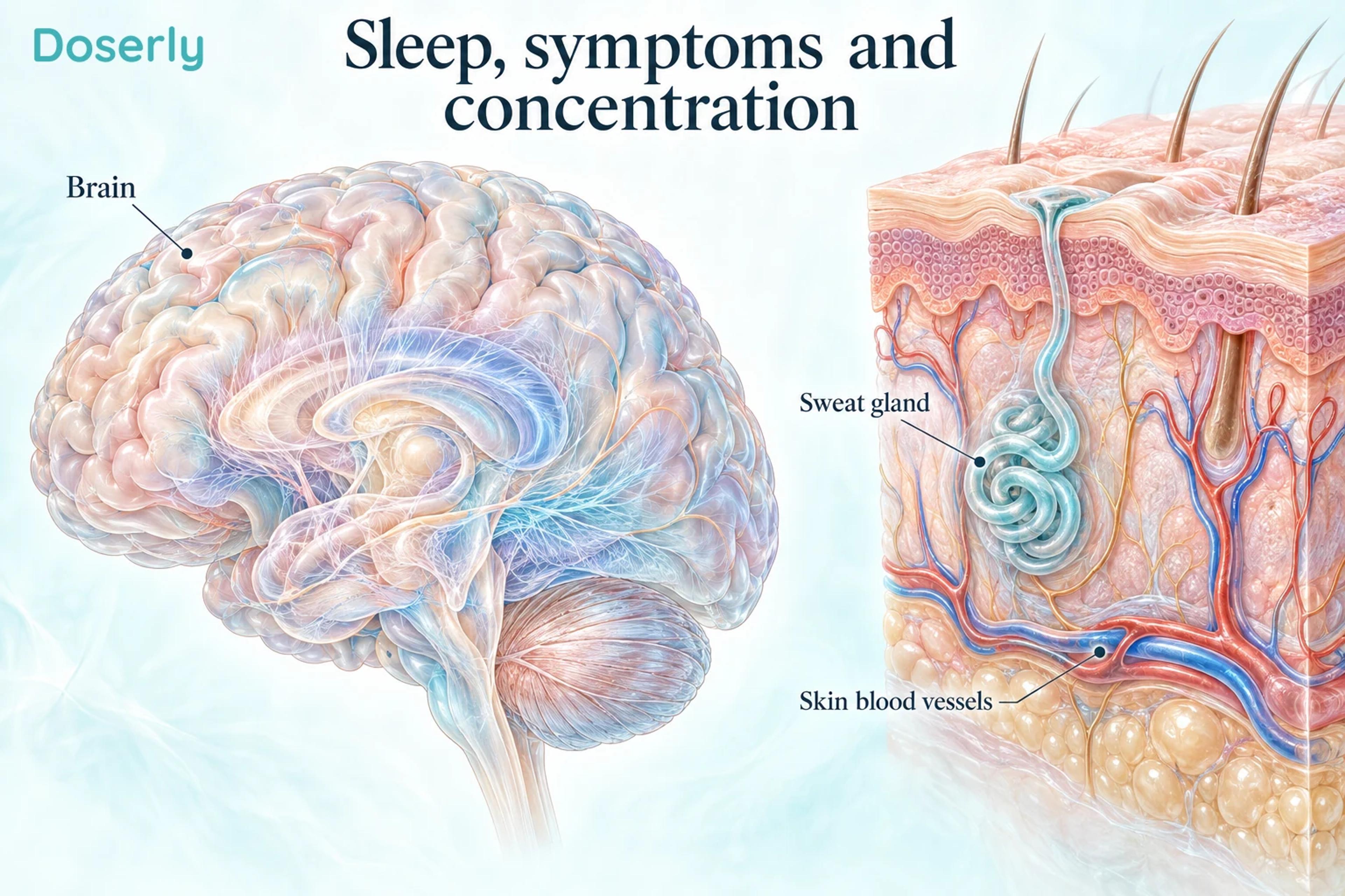 Illustrated brain beside skin with a sweat gland and blood vessels, introducing sleep, symptoms and concentration.
