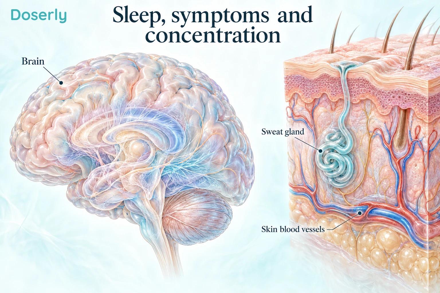 Illustrated brain beside skin with a sweat gland and blood vessels, introducing sleep, symptoms and concentration.