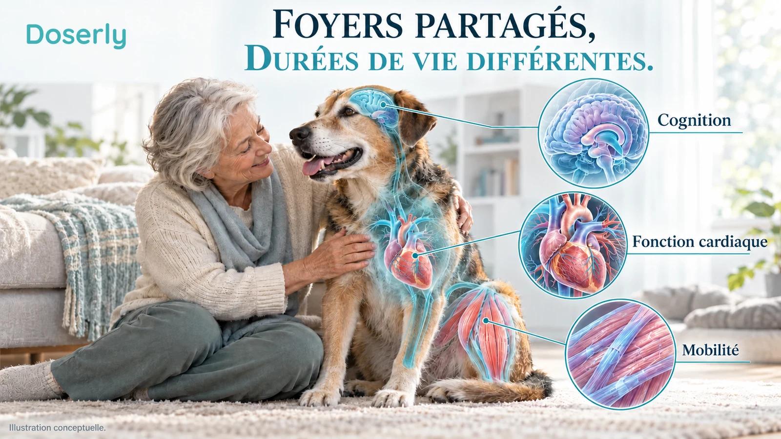 Chien de compagnie et personne âgée dans un même foyer, avec annotations anatomiques détaillées du cœur, des muscles et du cerveau