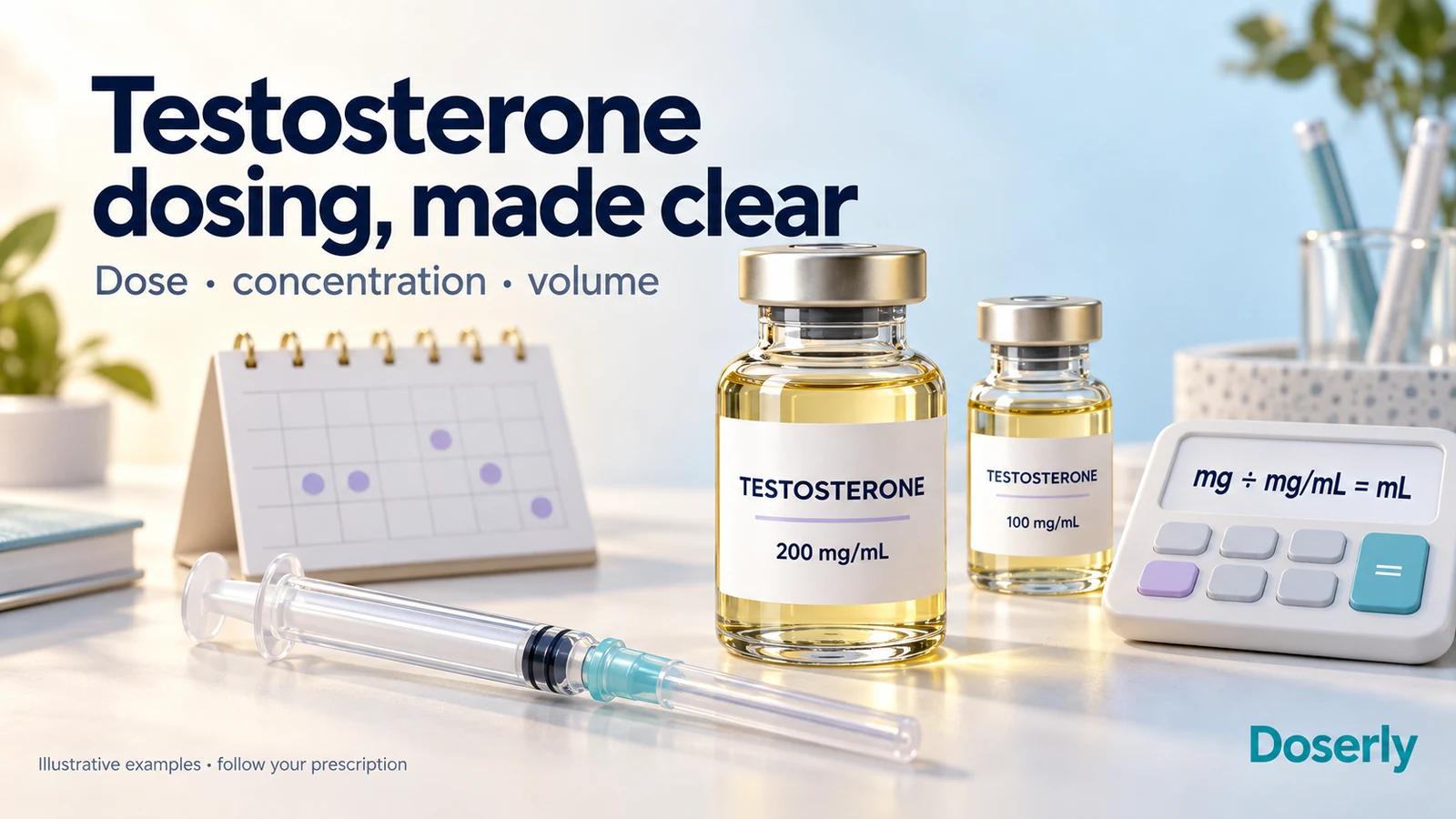 Testosterone vials labeled 100 mg/mL and 200 mg/mL beside a capped syringe, calendar and dose-to-volume equation.