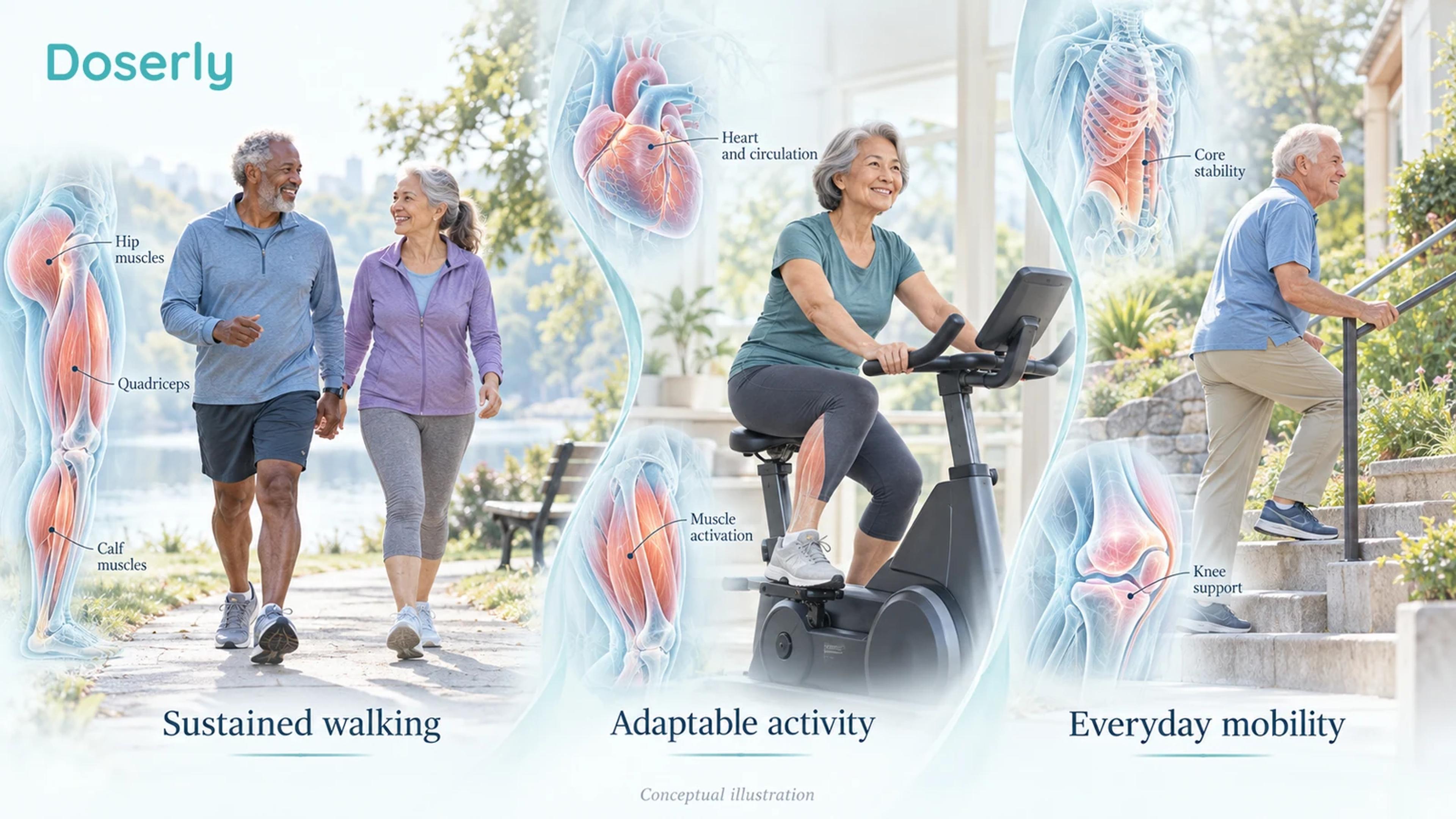 Older adults walking together, cycling and climbing a familiar step using a handrail.