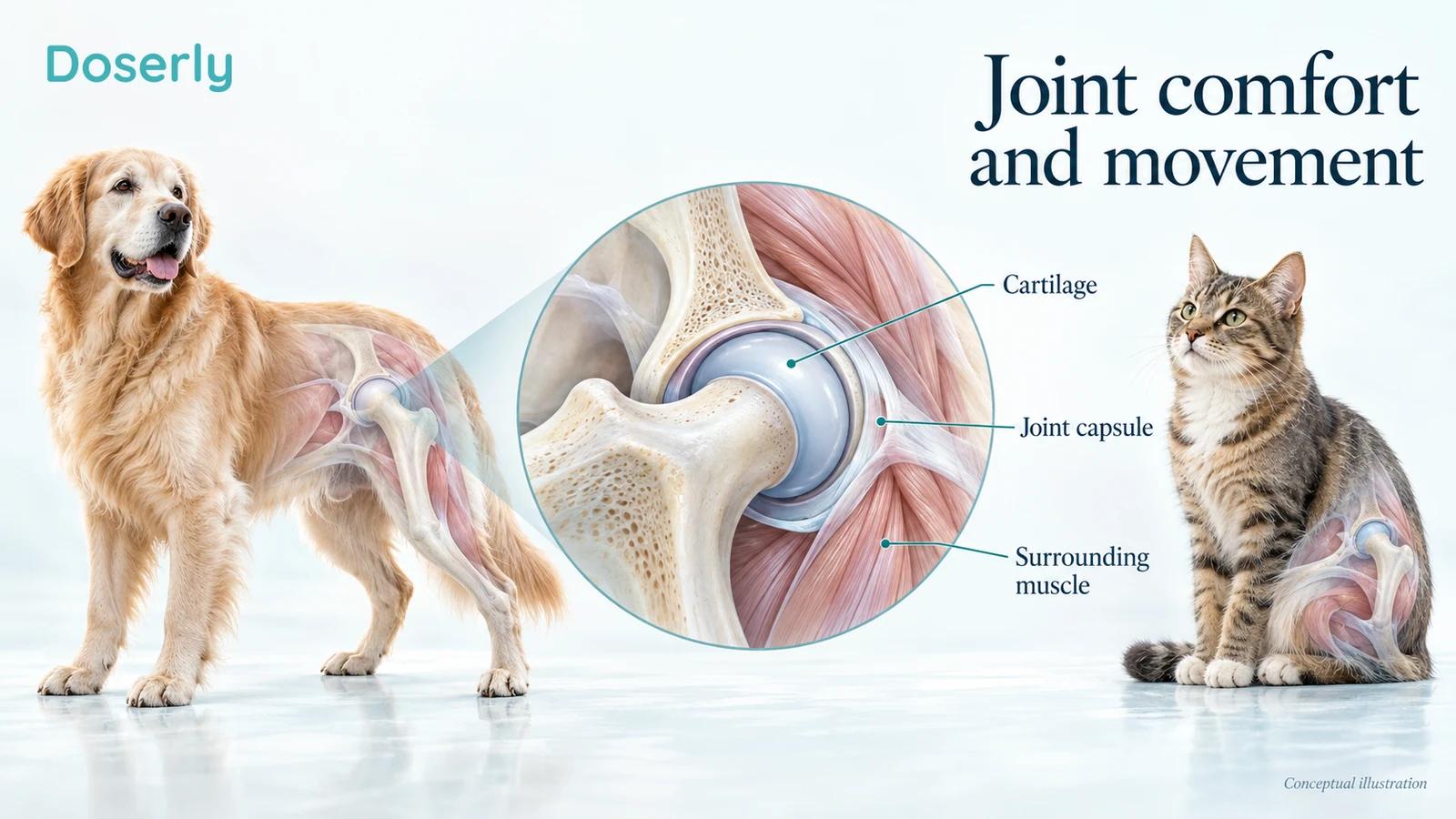 A dog and cat beside enlarged conceptual hip-joint anatomy showing cartilage, capsule and surrounding muscle.