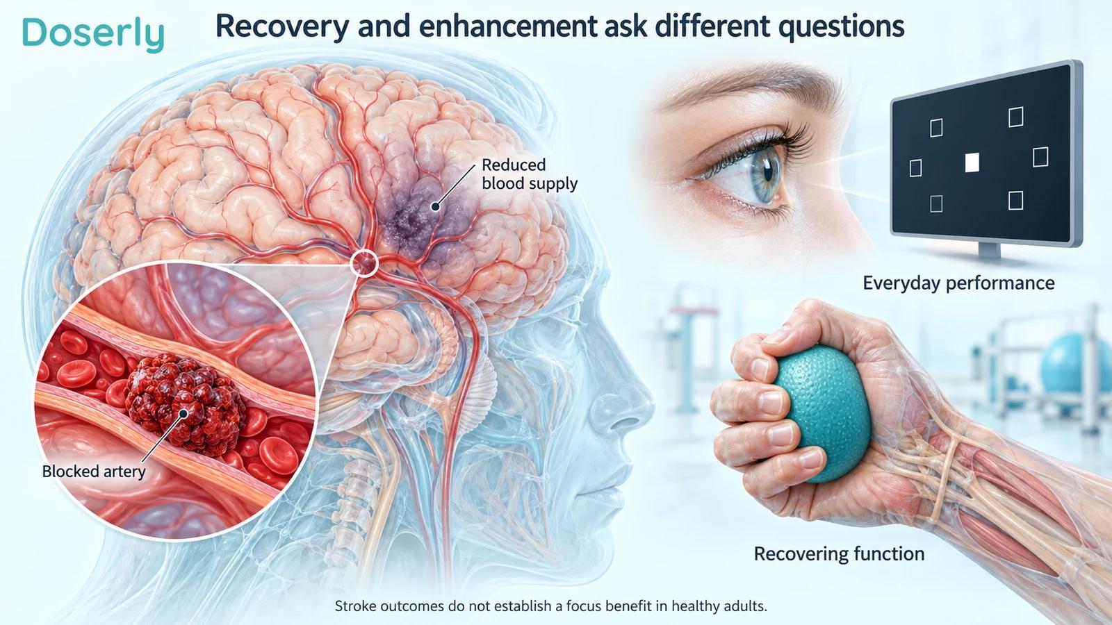 Detailed brain and blocked cerebral artery beside a rehabilitation hand and a separate everyday performance task.