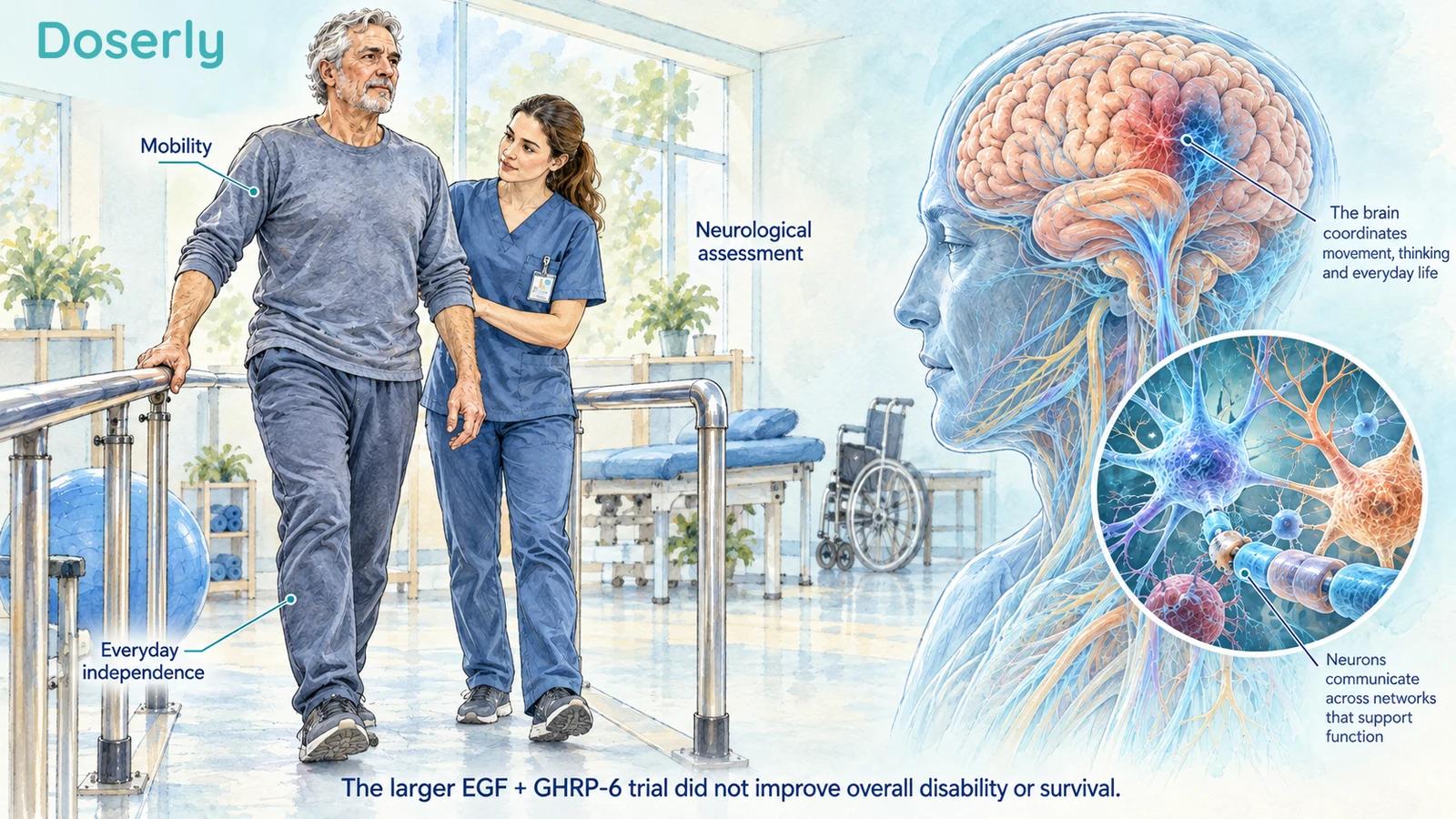 A stroke survivor and therapist assessing mobility beside conceptual nervous-system anatomy.