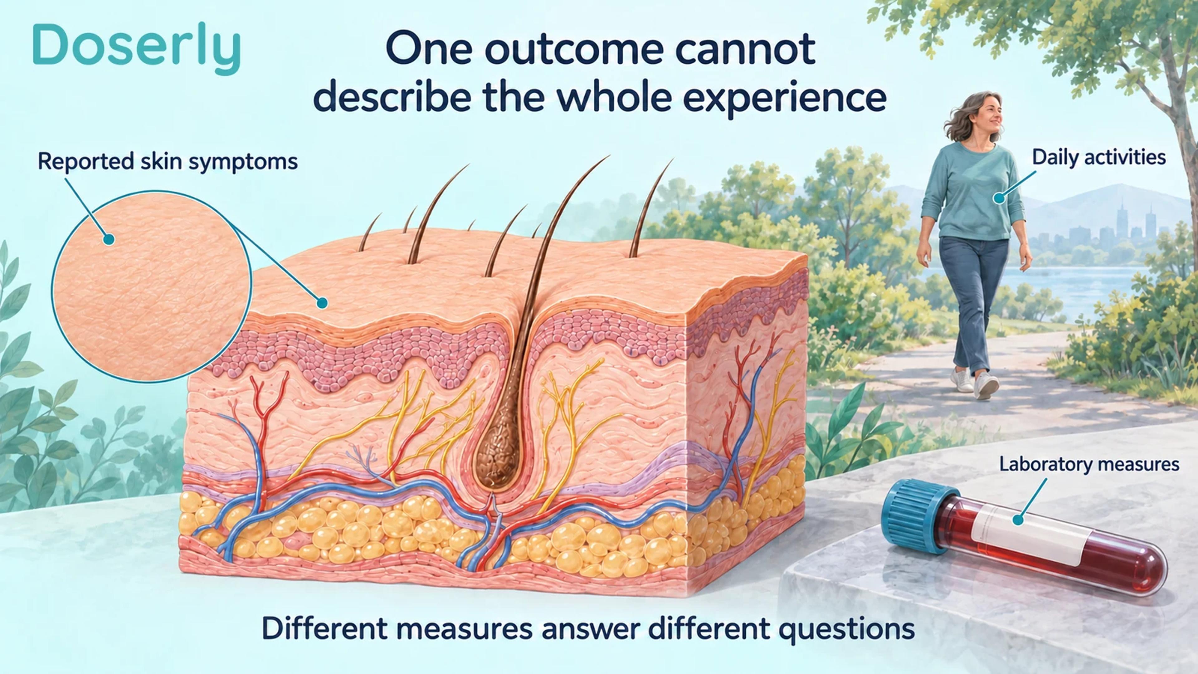 Illustrated skin tissue, a person walking outdoors and a laboratory sample represent different types of outcome information.