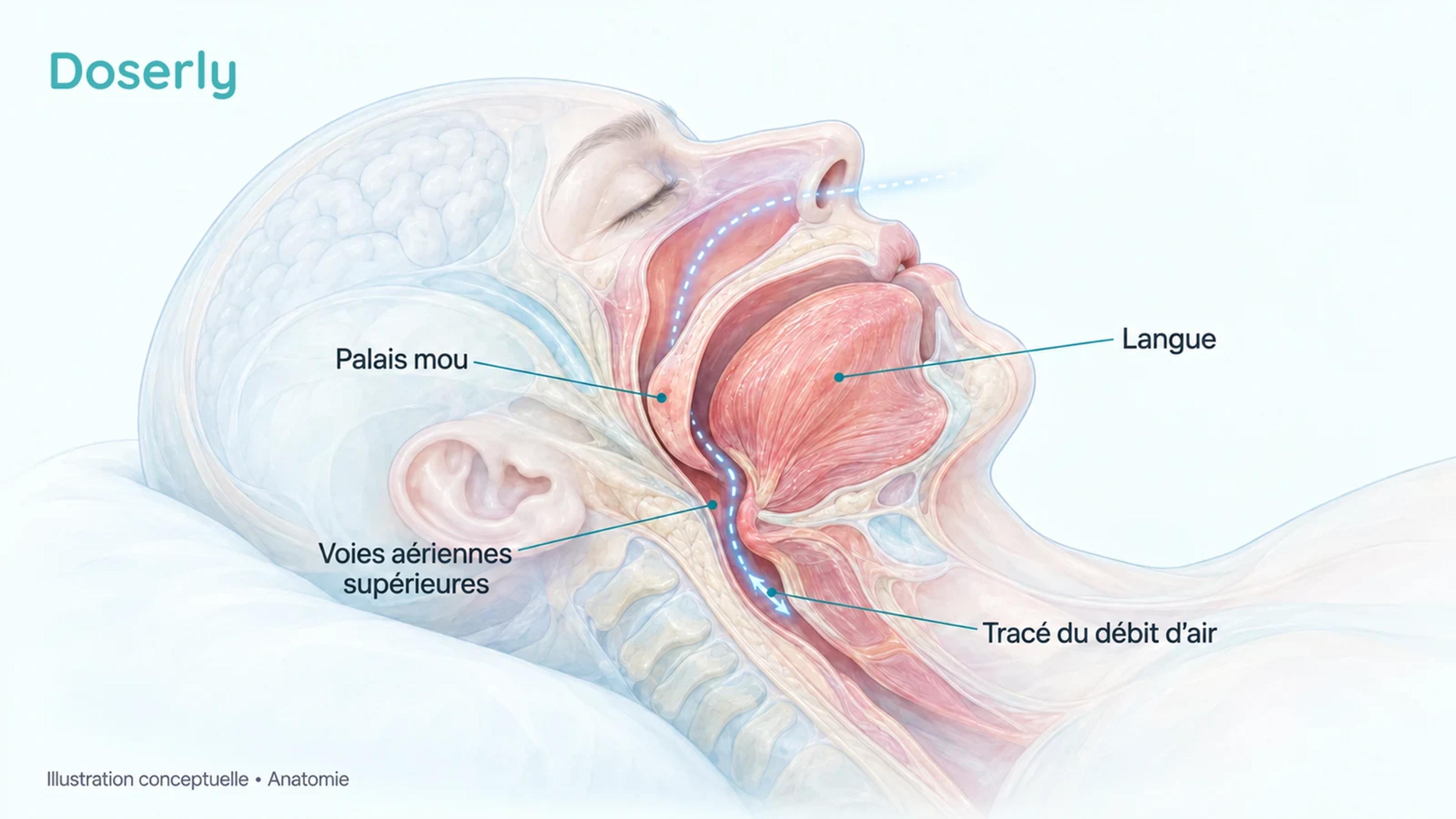 Une illustration sagittale de la tête et du cou indique la langue, le palais mou, les voies aériennes supérieures et un tracé conceptuel du débit d’air.