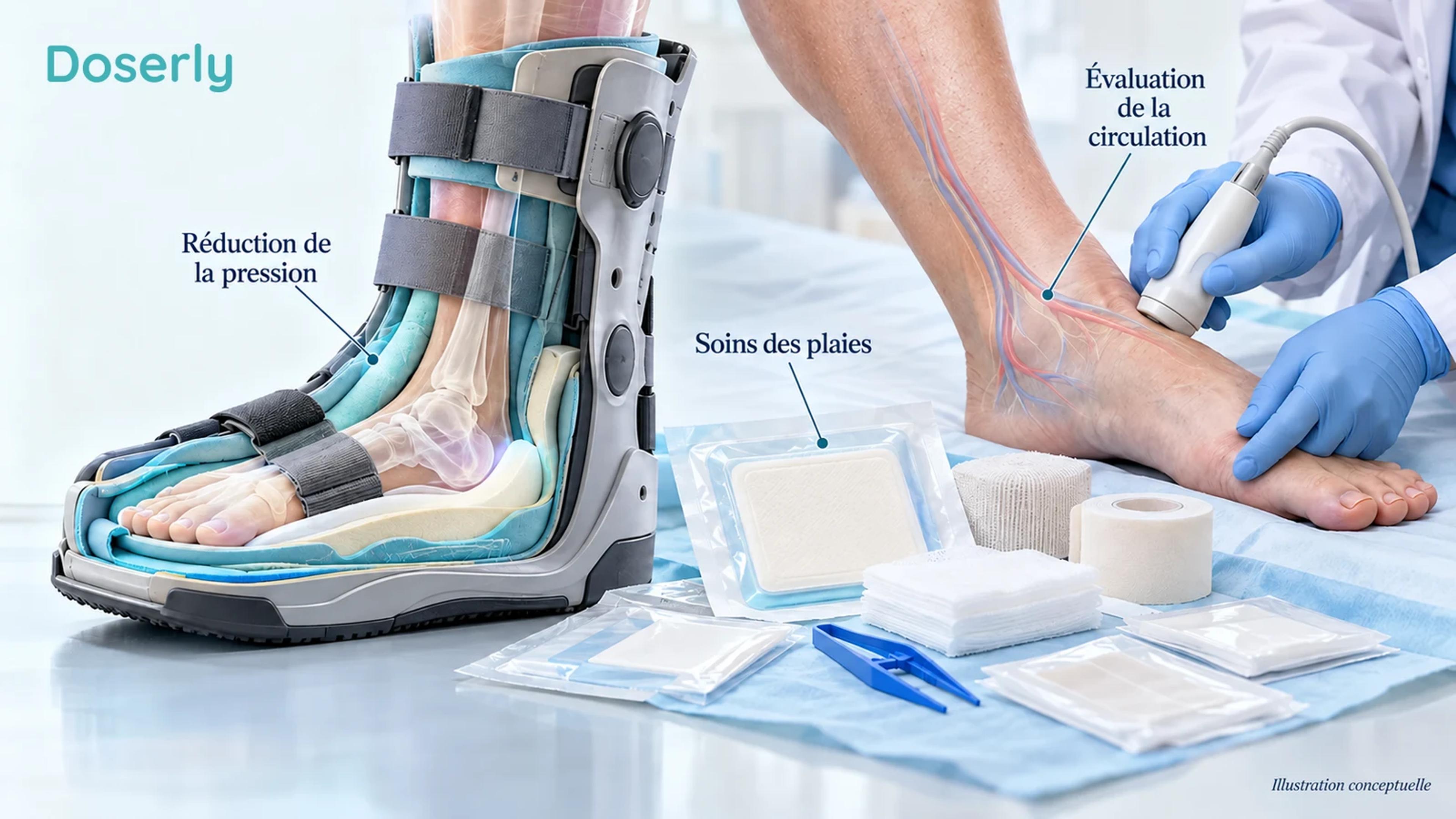 Un pied est soutenu dans une botte de mise en décharge montrée en coupe, avec du matériel de pansement à proximité et un clinicien qui évalue la circulation.
