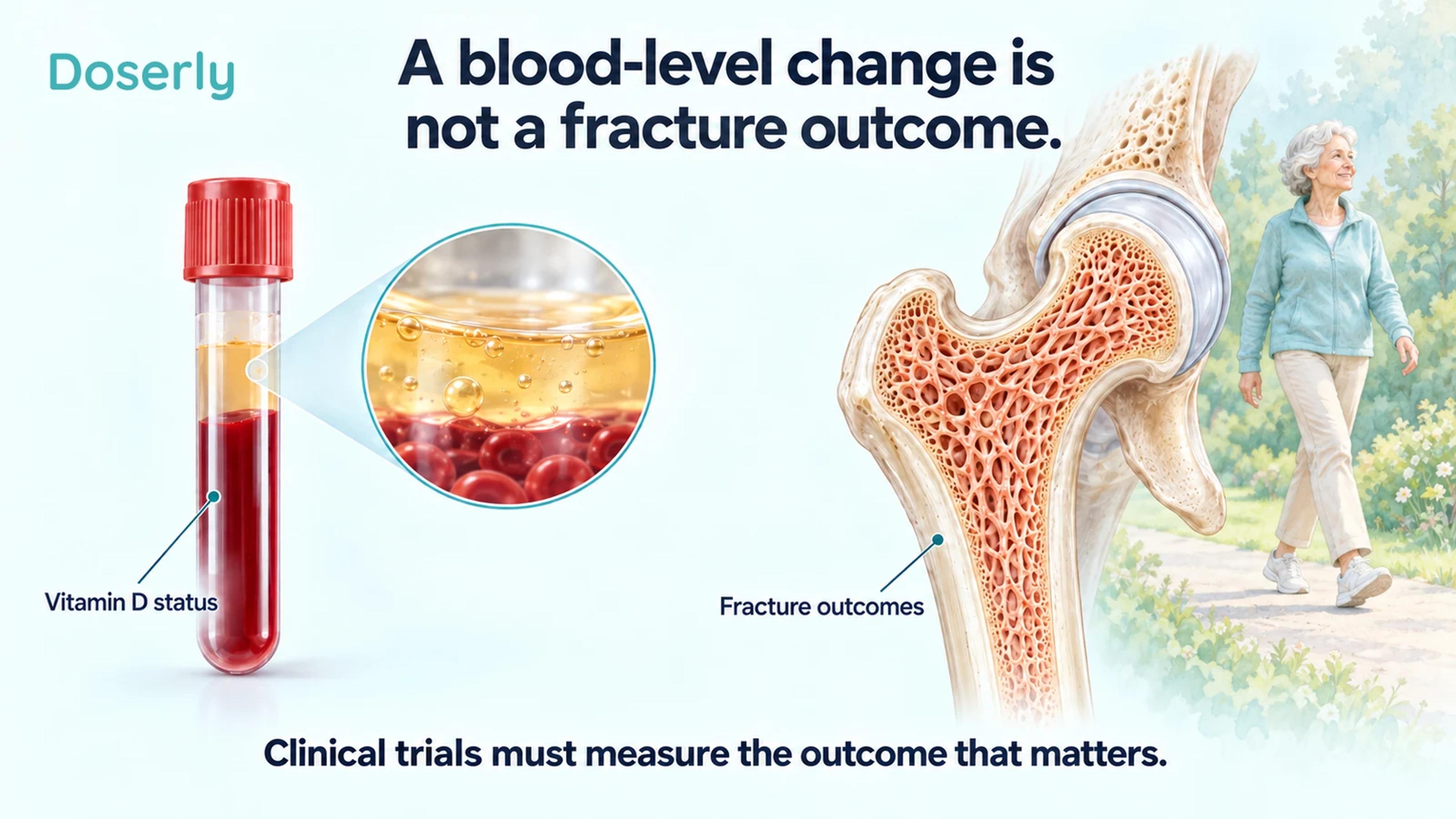 A blood sample representing vitamin D status is shown separately from a detailed hip bone and an older adult, separating laboratory response from fracture outcomes.