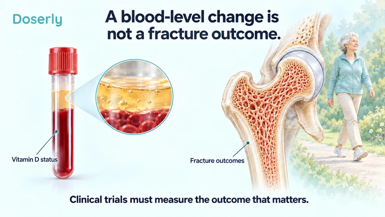 A blood sample representing vitamin D status is shown separately from a detailed hip bone and an older adult, separating laboratory response from fracture outcomes.