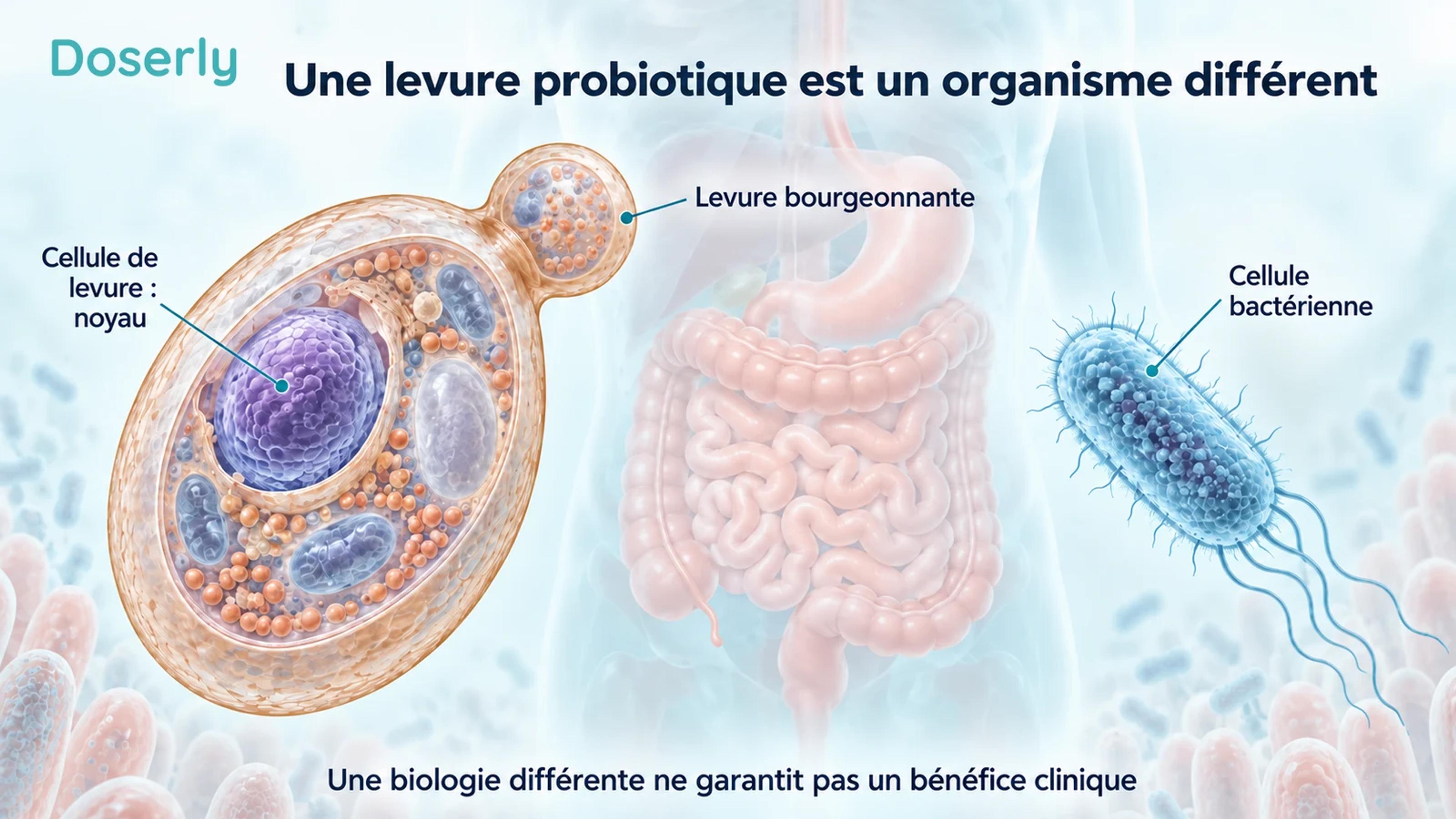Une cellule de levure bourgeonnante avec un noyau, à côté d’une cellule bactérienne et d’une anatomie digestive en filigrane.
