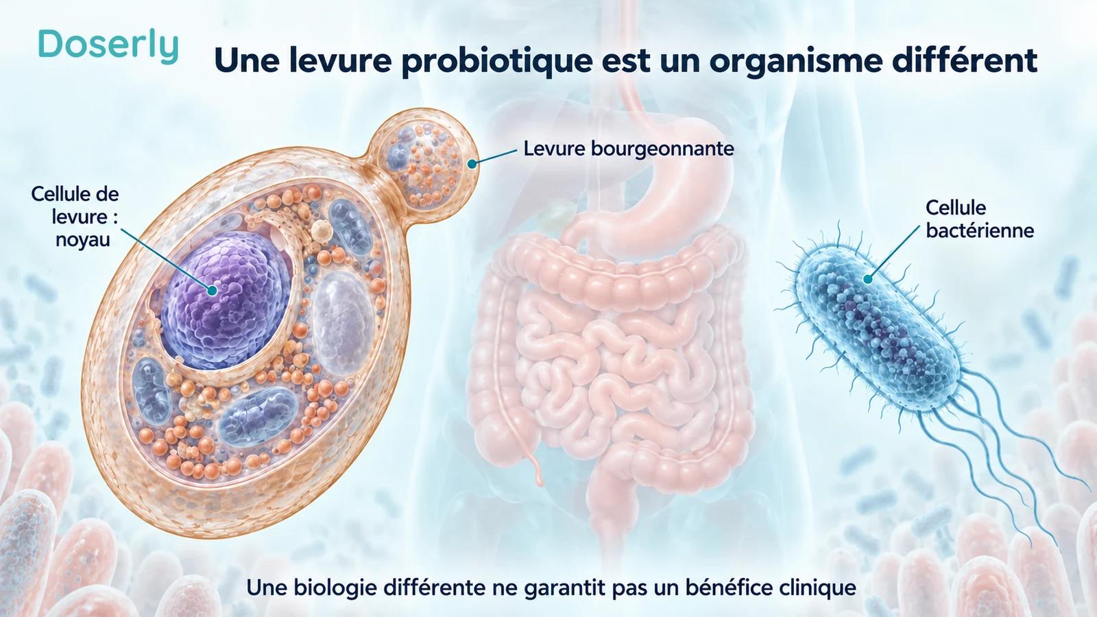 Une cellule de levure bourgeonnante avec un noyau, à côté d’une cellule bactérienne et d’une anatomie digestive en filigrane.