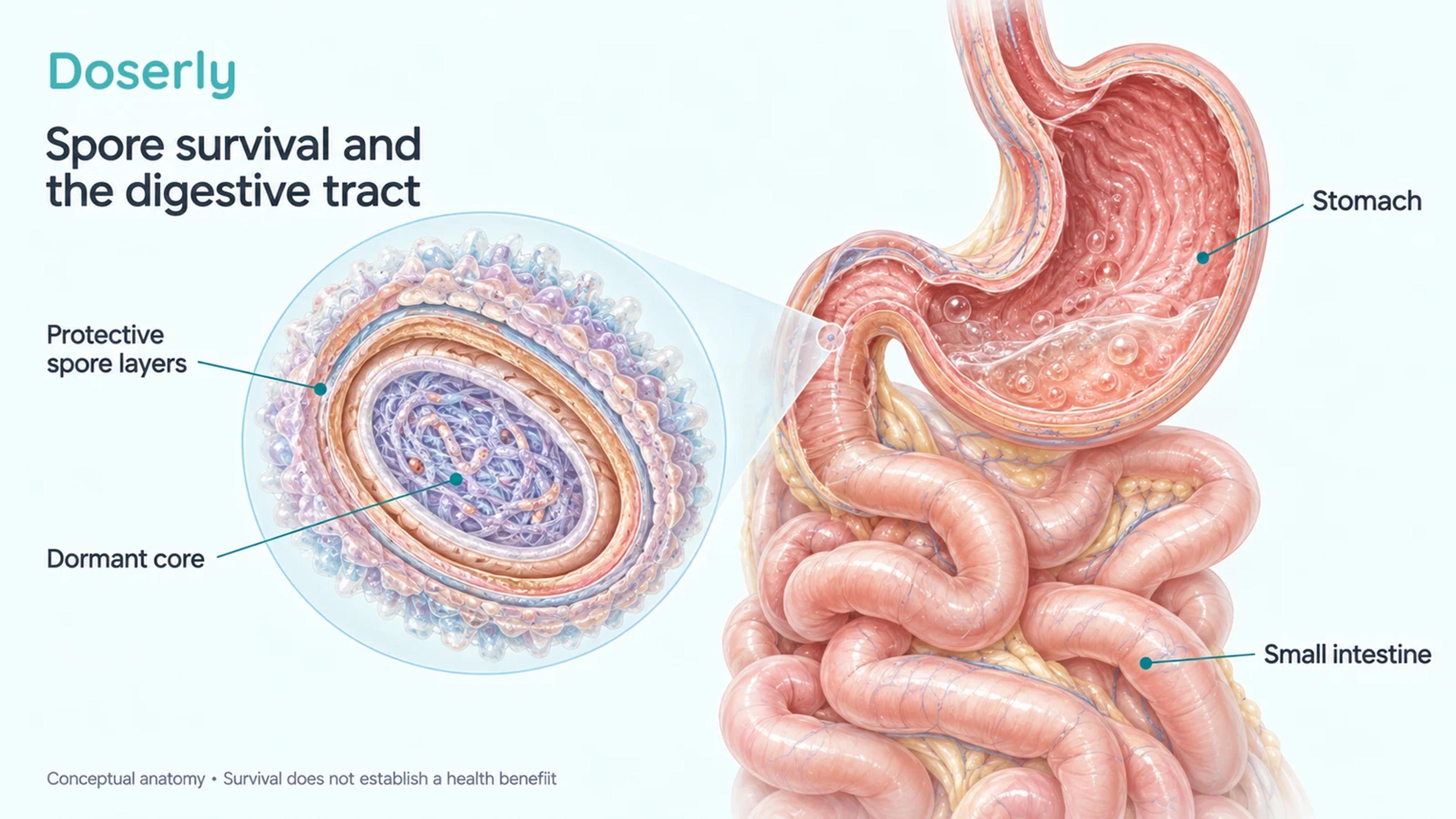 Detailed stomach and small-intestine illustration beside a conceptual bacterial spore cutaway showing its protective layers and dormant core.