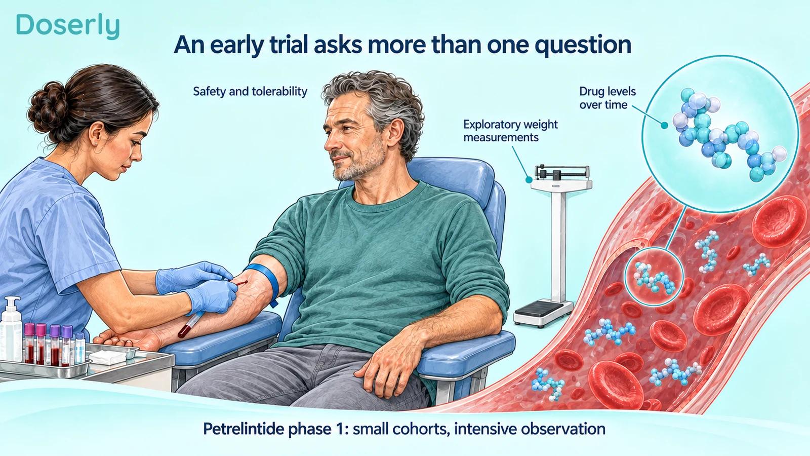 An illustrated research visit with blood sampling, a scale and a conceptual blood-vessel inset.