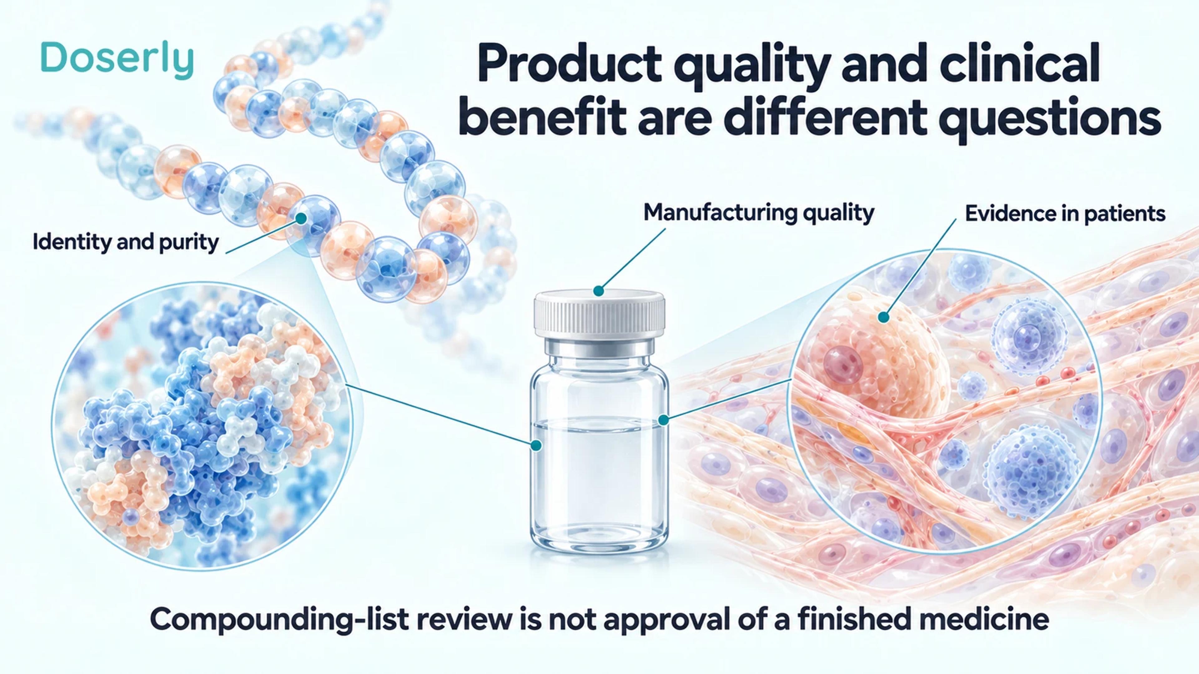 Conceptual peptide molecules, a neutral vial and detailed tissue illustration distinguish chemical identity, manufacturing quality and evidence needed in patients.