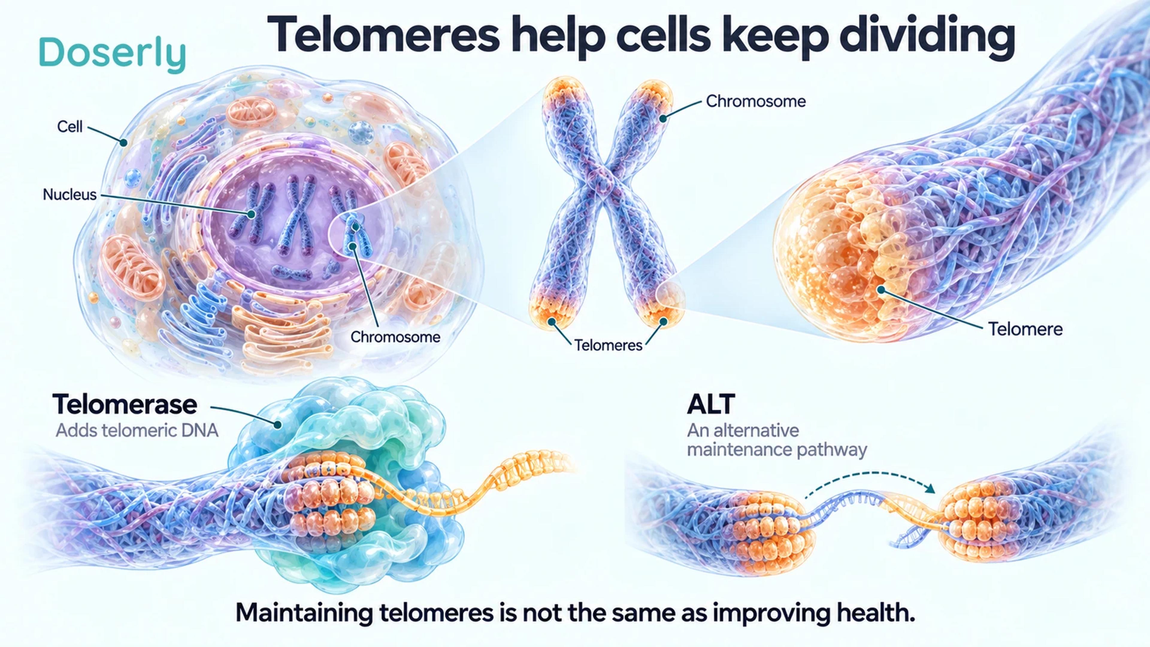 A cell, nucleus and chromosome with enlarged telomere ends, alongside schematic telomerase and alternative telomere-maintenance processes.