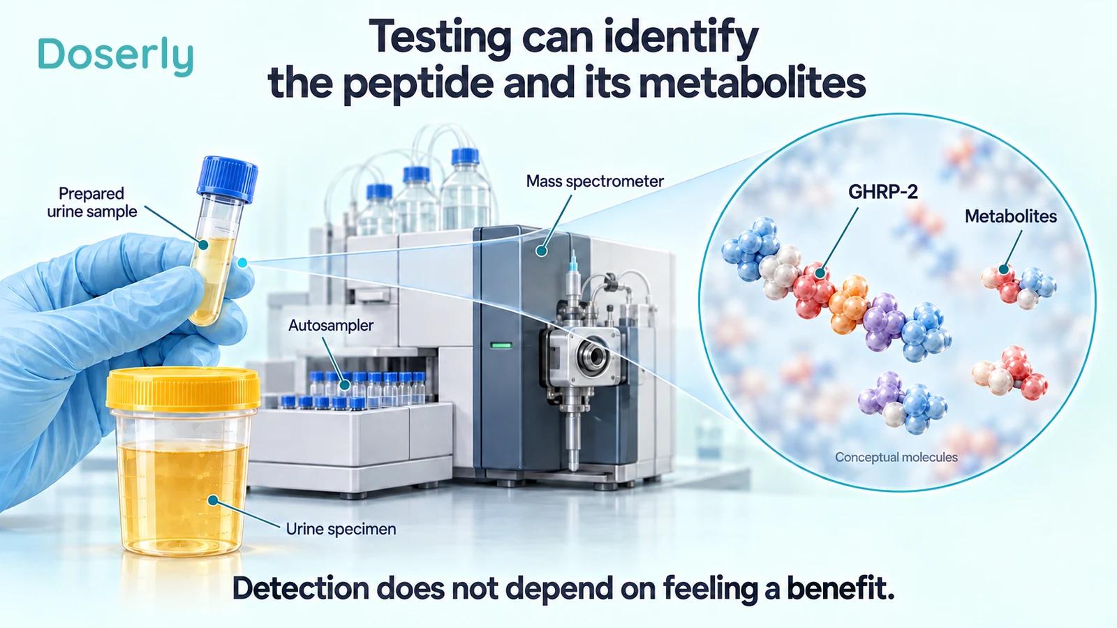 A laboratory urine sample and mass spectrometry equipment beside conceptual peptide and metabolite molecules.