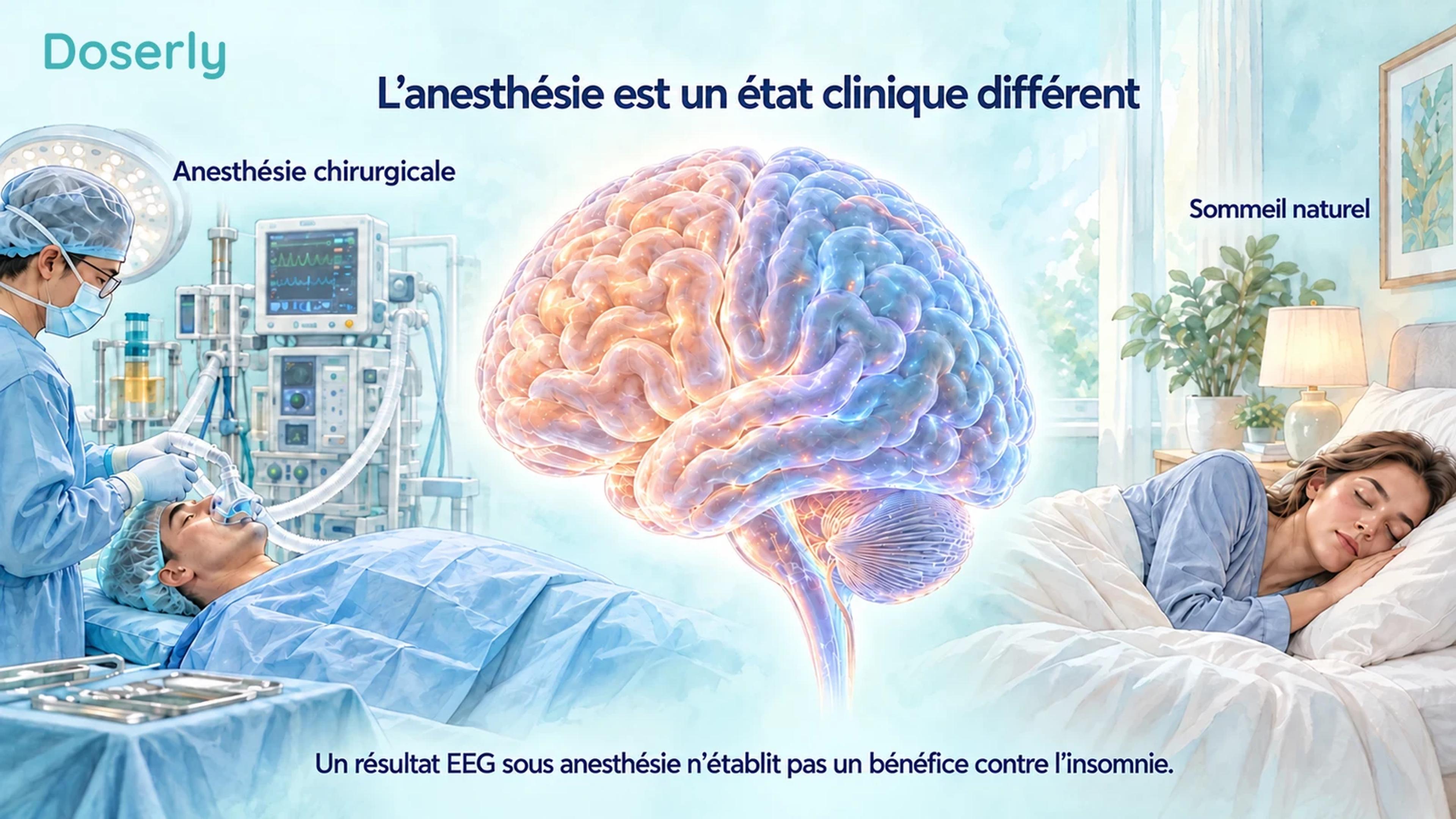 L’anesthésie chirurgicale et le sommeil naturel représentés comme des contextes cliniques distincts à côté d’un cerveau conceptuel.