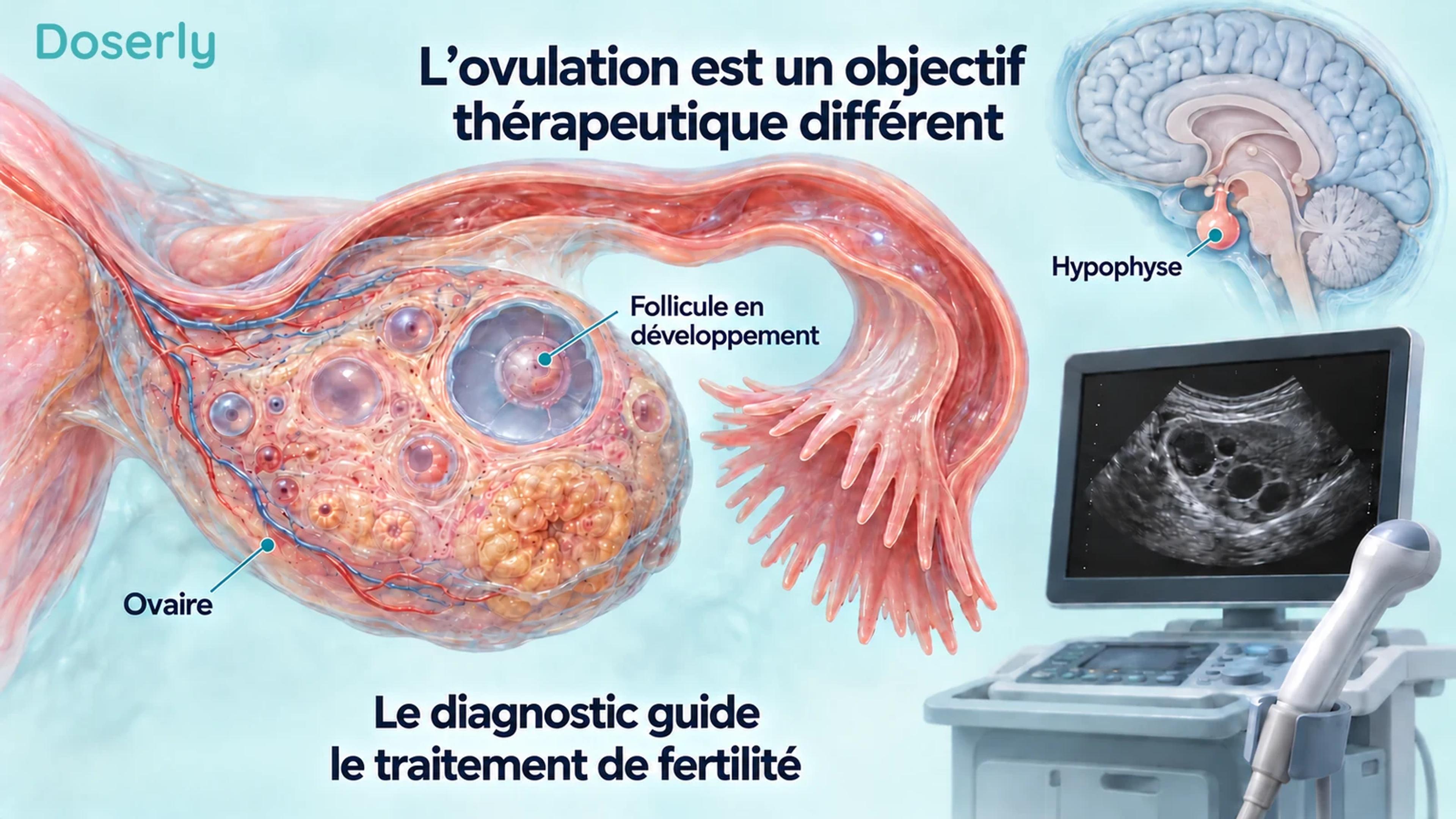 Ovaire détaillé avec des follicules en développement et la trompe de Fallope adjacente, un encadré anatomique de l’hypophyse et une illustration d’un examen échographique.
