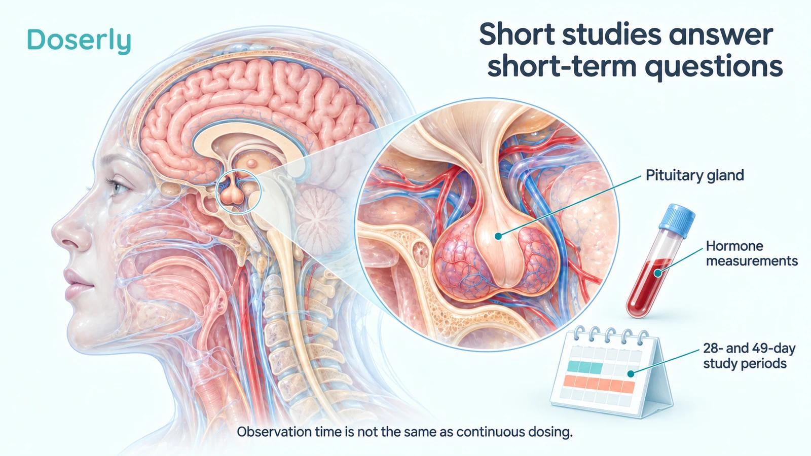 Human pituitary anatomy, a blood specimen and a calendar illustrate the short observation periods of early CJC-1295 research.