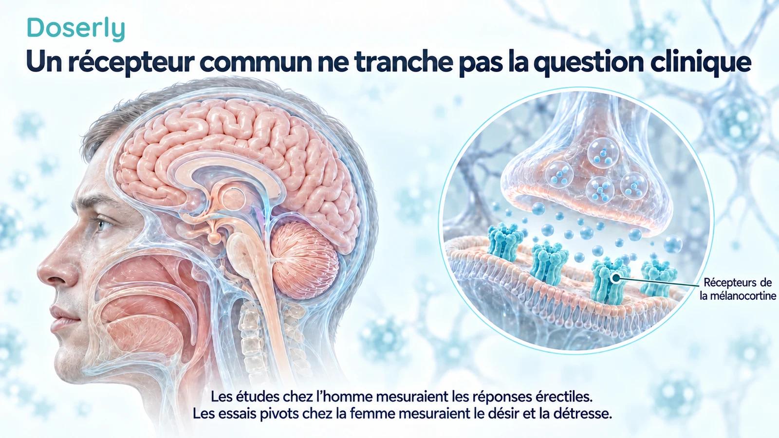 Anatomie de la tête et du cerveau d’un homme, à côté d’une représentation conceptuelle d’une membrane neuronale avec des récepteurs de la mélanocortine.