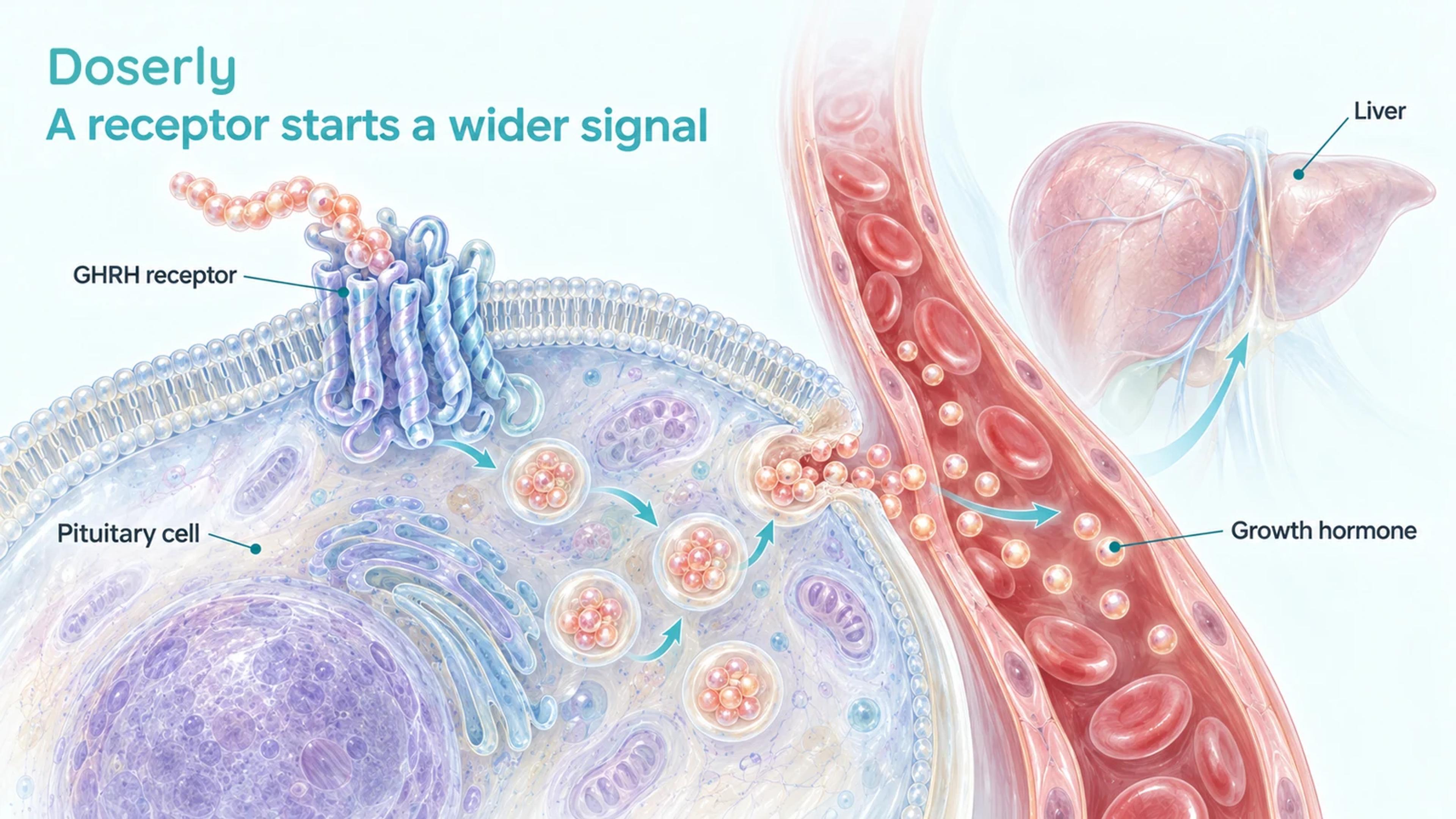 Detailed pituitary cells receive a GHRH-receptor signal, while a blood vessel carries released growth hormone toward the liver.