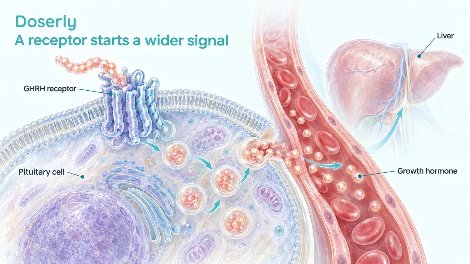 Detailed pituitary cells receive a GHRH-receptor signal, while a blood vessel carries released growth hormone toward the liver.