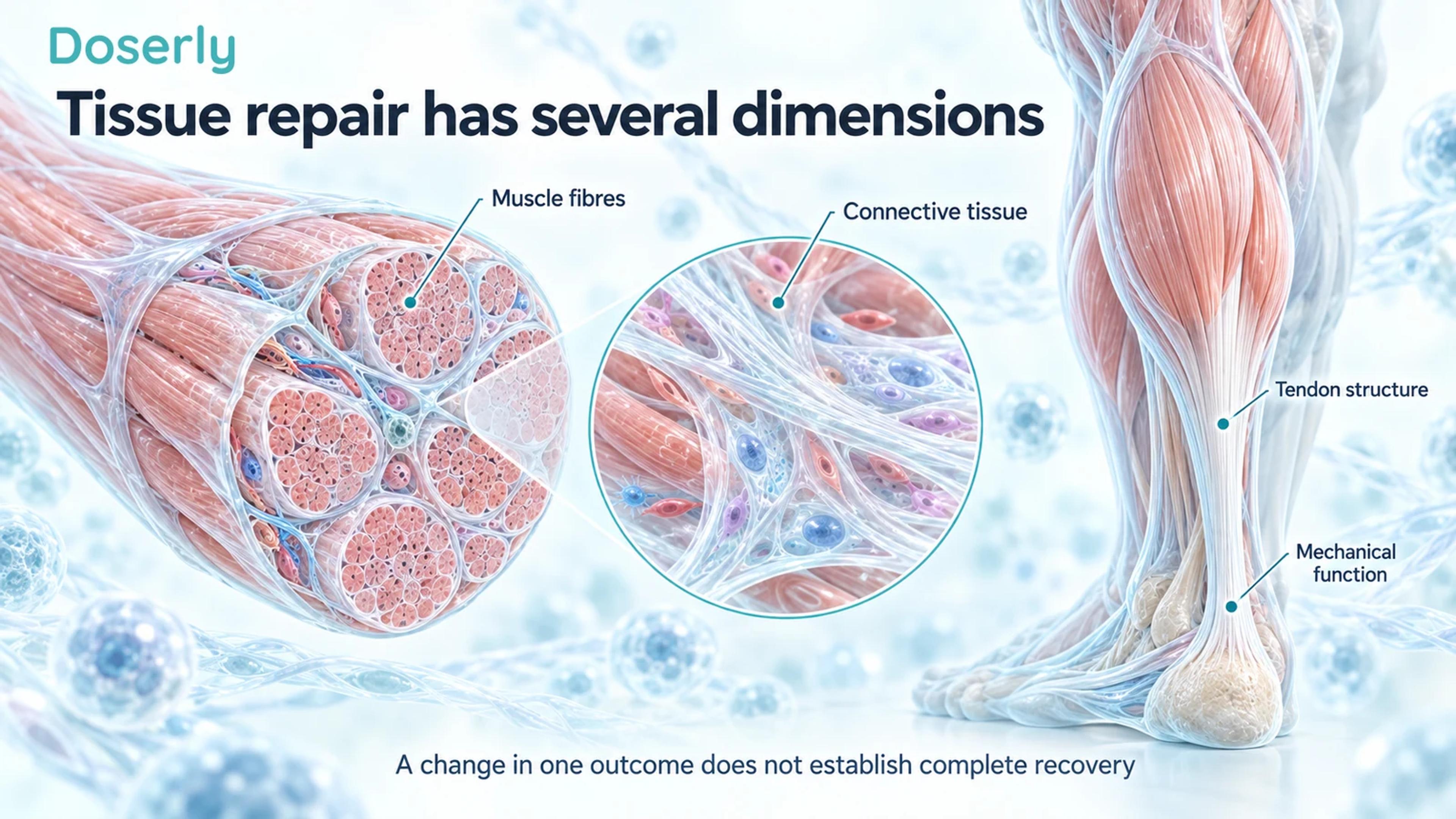 Detailed muscle fibres, connective tissue and calf-to-Achilles anatomy show distinct structural and mechanical aspects of tissue repair.