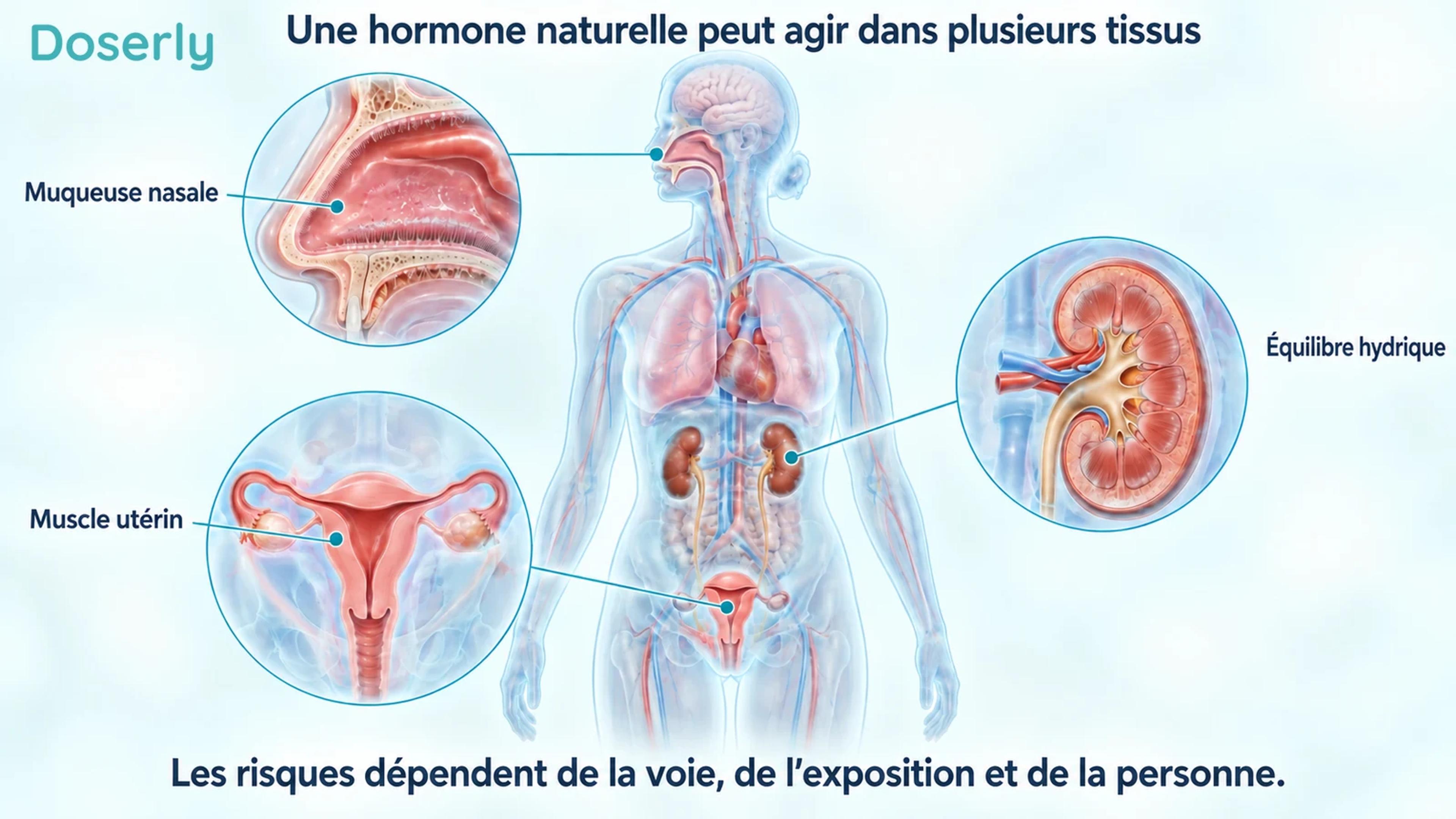 Anatomie translucide montrant séparément la muqueuse nasale, le muscle utérin et l’équilibre hydrique lié aux reins.