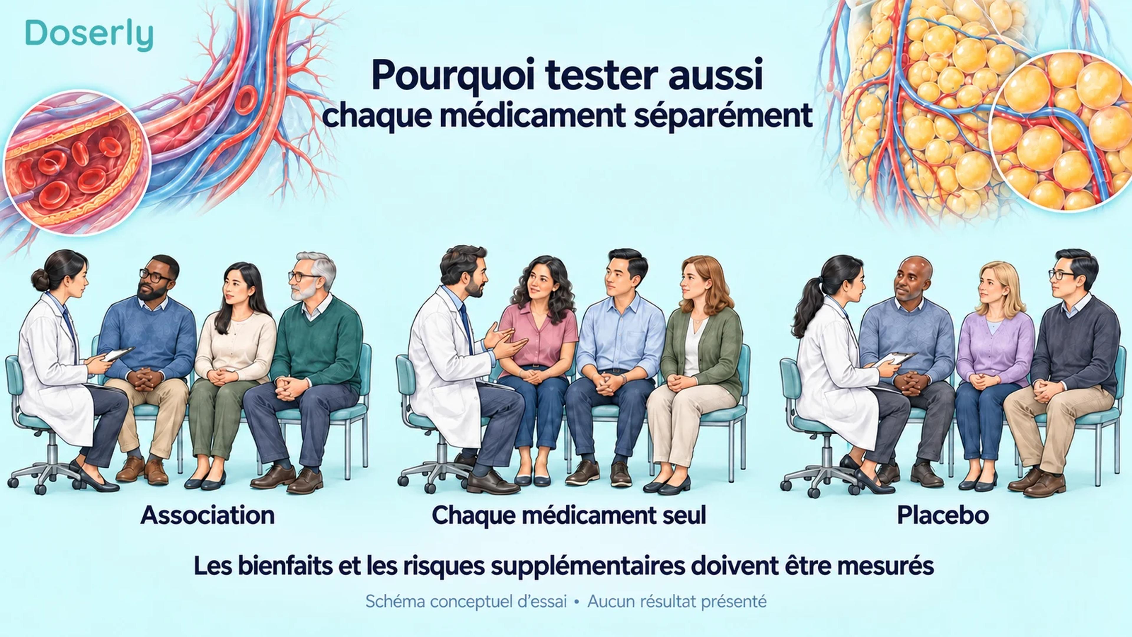 Groupes d’adultes de même taille représentant le traitement combiné, les médicaments individuels et le placebo.