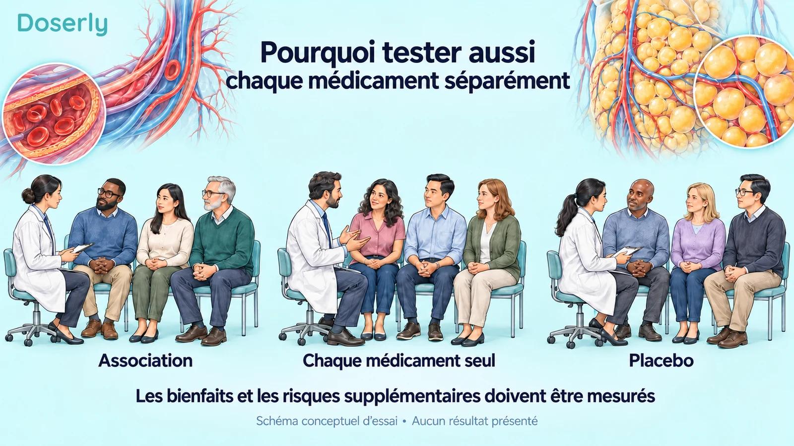Groupes d’adultes de même taille représentant le traitement combiné, les médicaments individuels et le placebo.